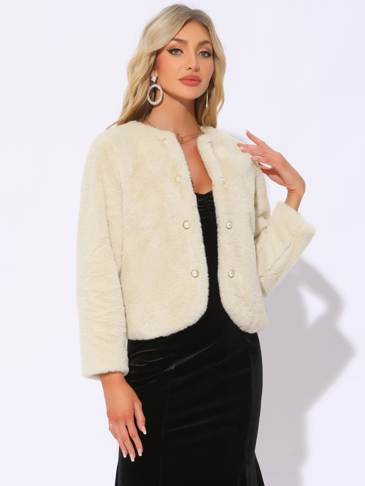 Faux Fur Long Sleeve Pockets Pearl Button Fluffy Jacket Beige/S