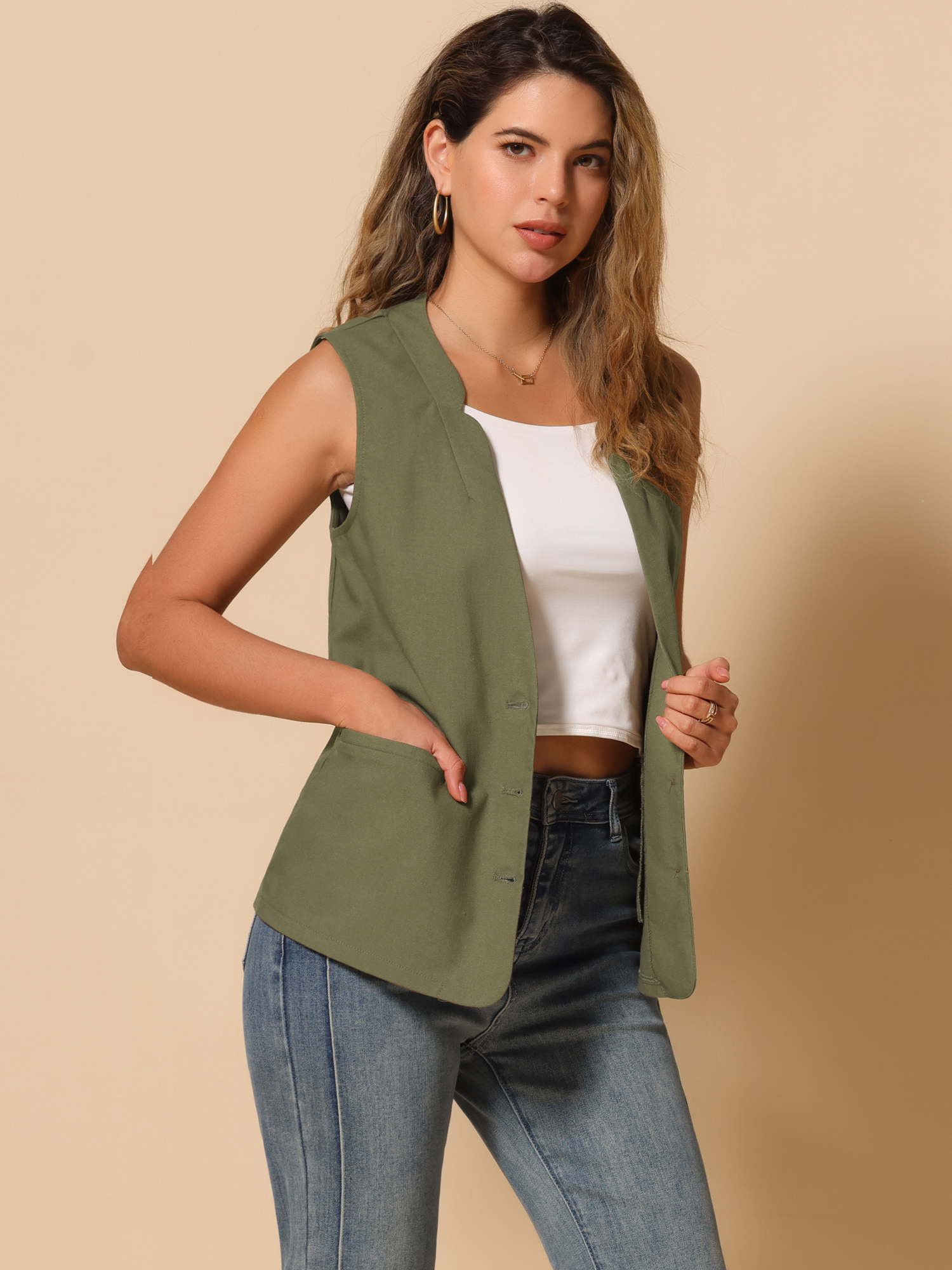 Cotton Linen Casual V Neck Button Down Sleeveless Jacket Vest Army Green/XL