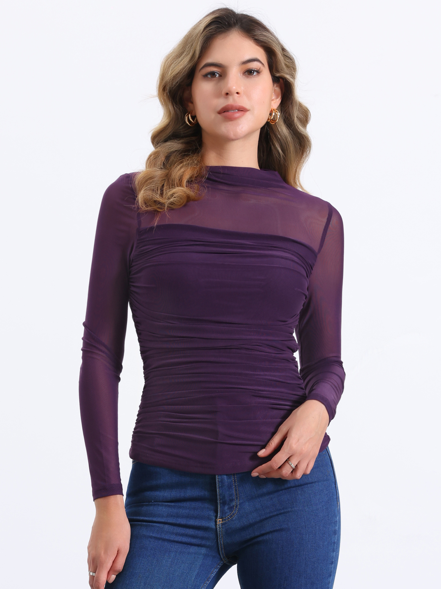 Mesh Solid Long Sleeve Mock Neck Sheer Panel Side Shirring Top Purple/S