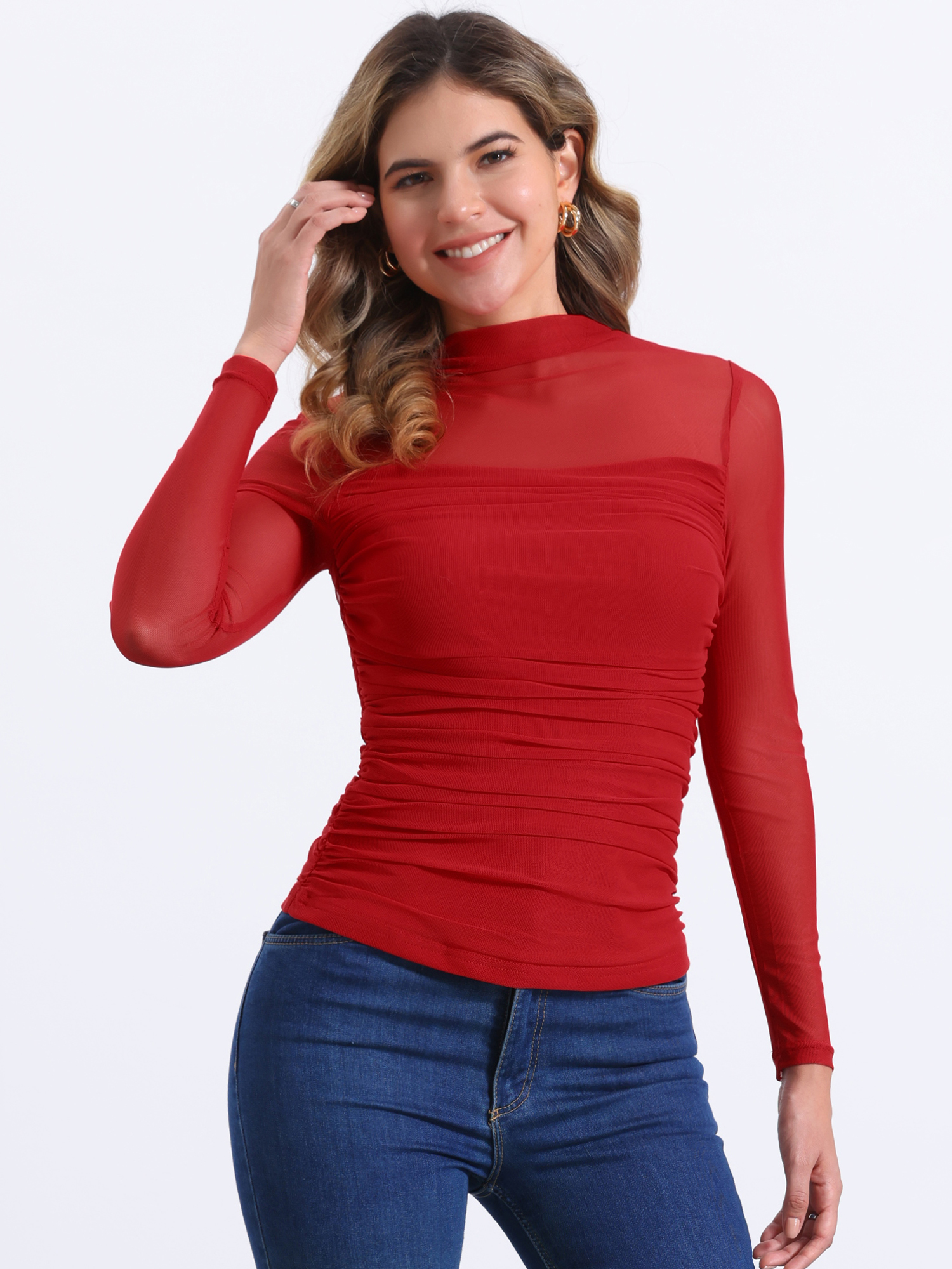 Mesh Solid Long Sleeve Mock Neck Sheer Panel Side Shirring Top Reds/XS