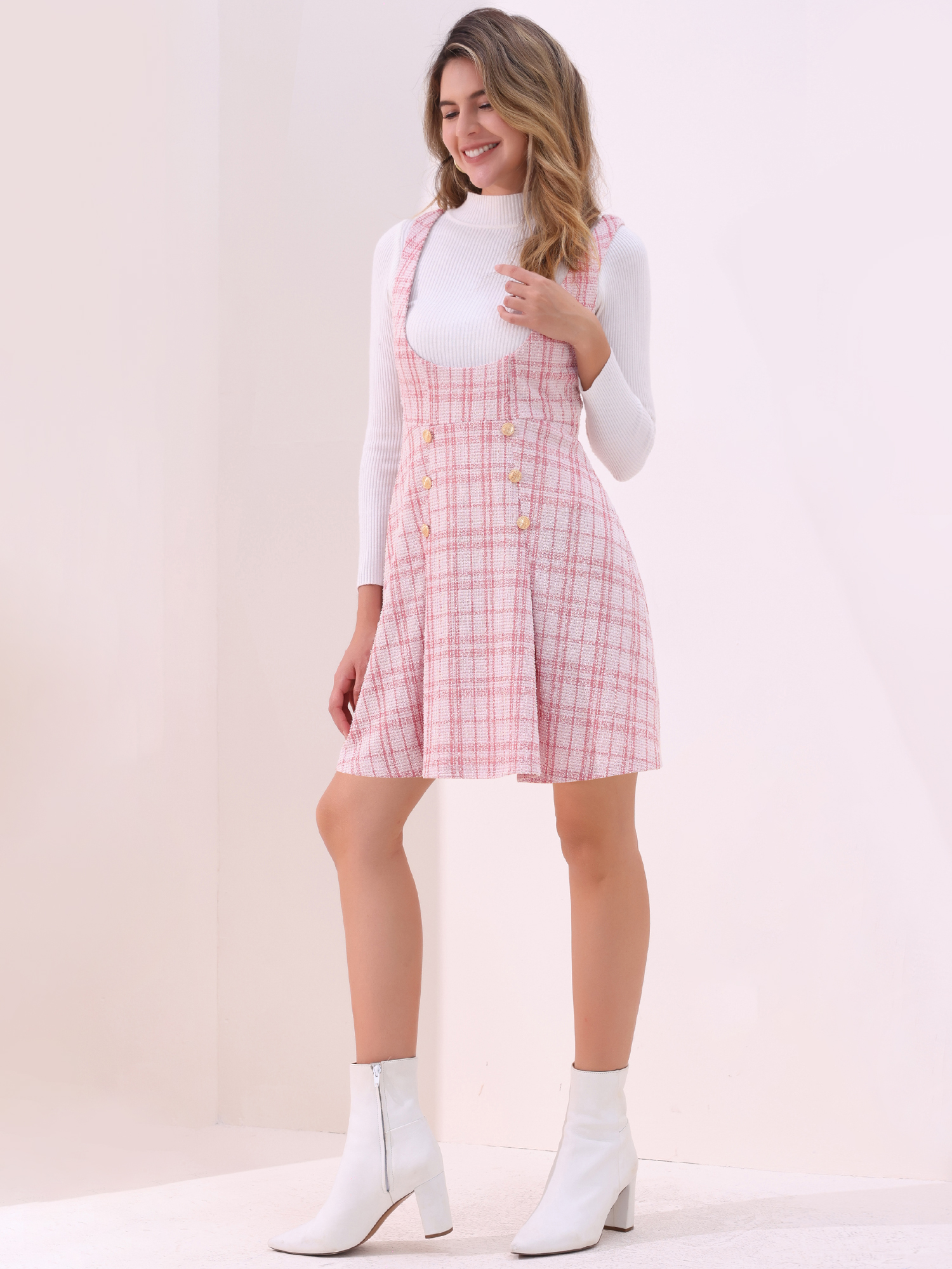 Button Decor U Neck Plaid Tweed Overall Pinafore Dress Pink/M