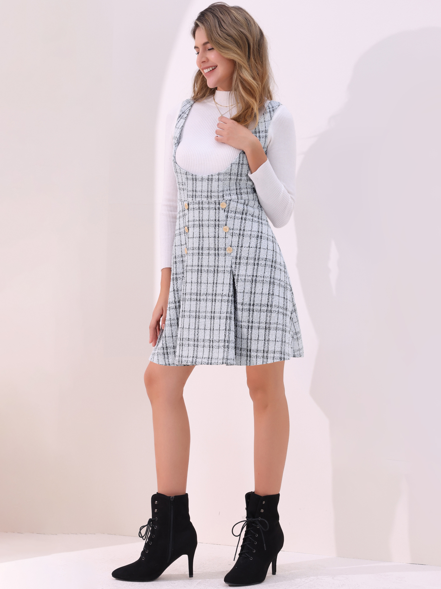 Button Decor U Neck Plaid Tweed Overall Pinafore Dress White/XS