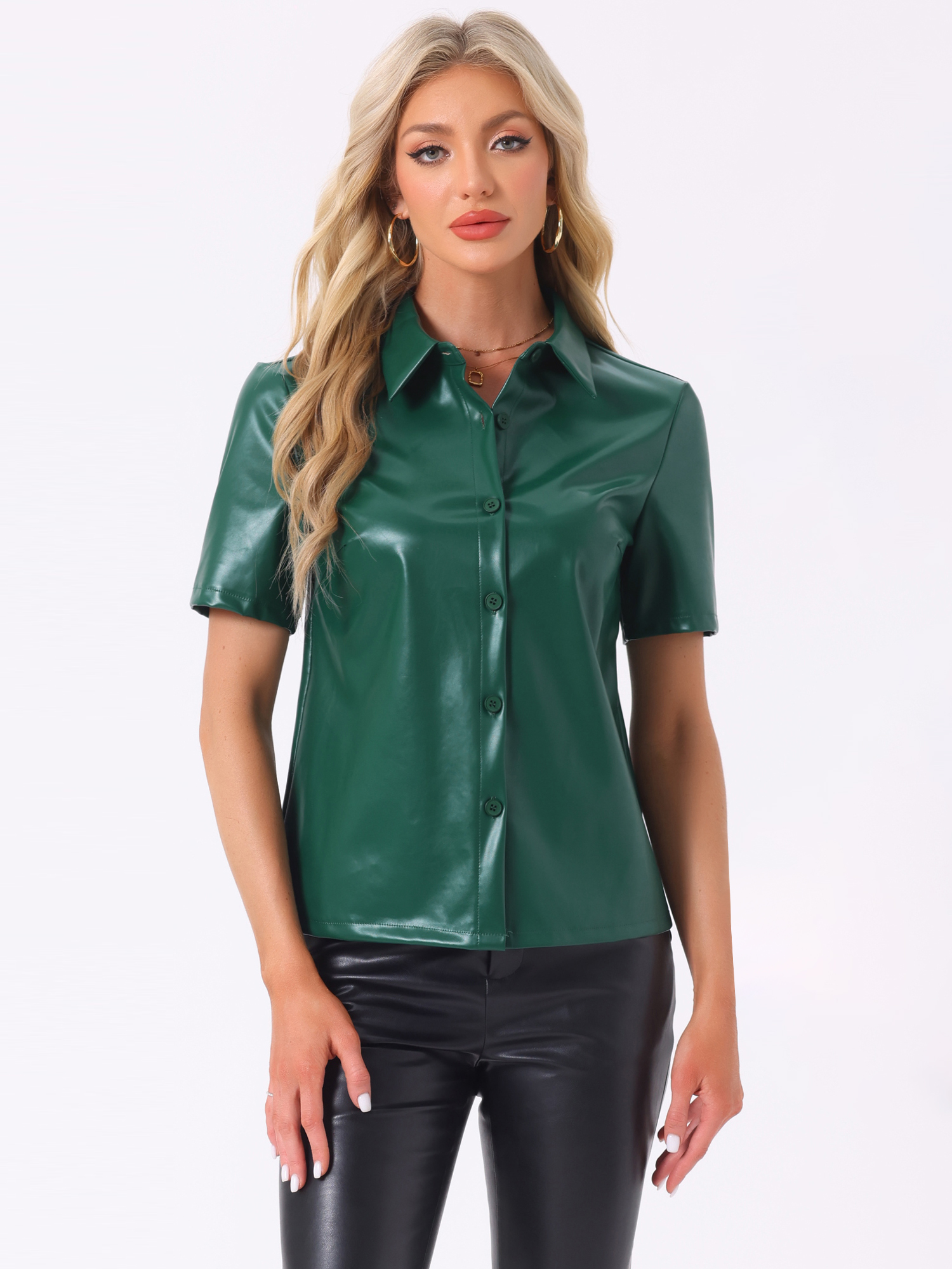 PU Leather Button Down Short Sleeve Collar Blouse Deep Green/XL
