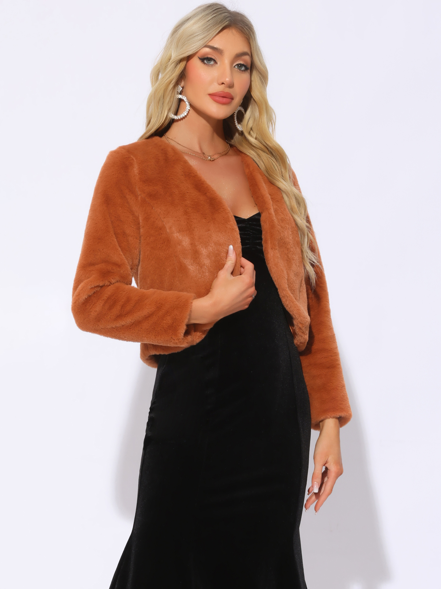 Faux Fur Long Sleeve Open Front Bolero Winter Coat Cropped Jacket Caramel/L