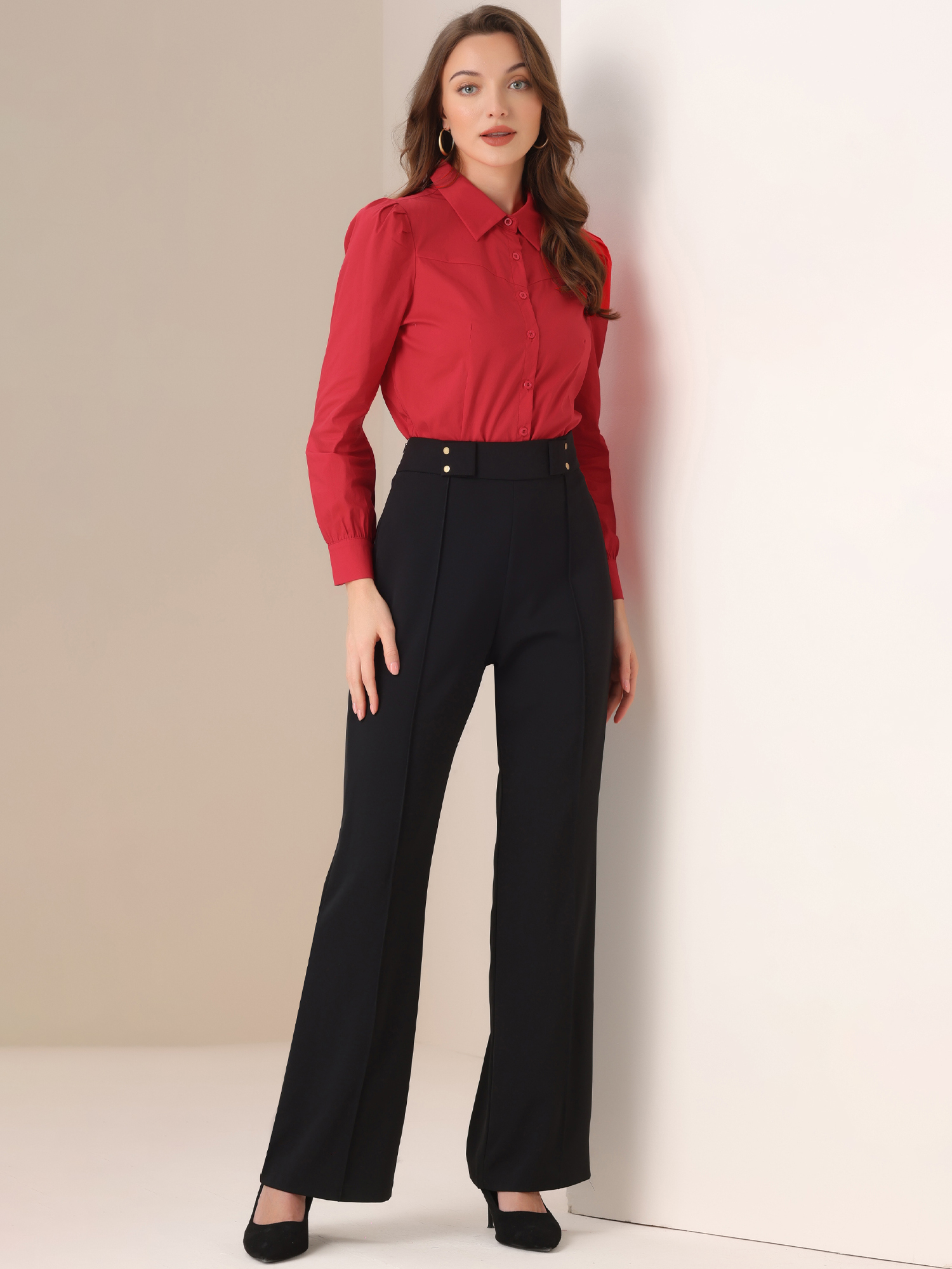 Leotard Shirt Collared Business Casual Button Down Long Sleeves Bodysuit Red/XS