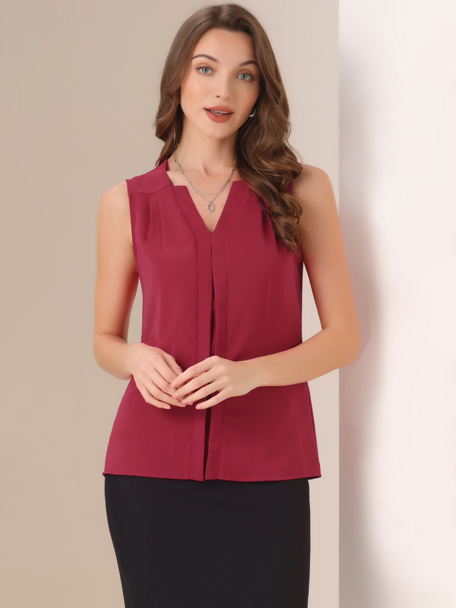 Sleeveless Work Top Pleated Chiffon V Neck Blouse Red/XL