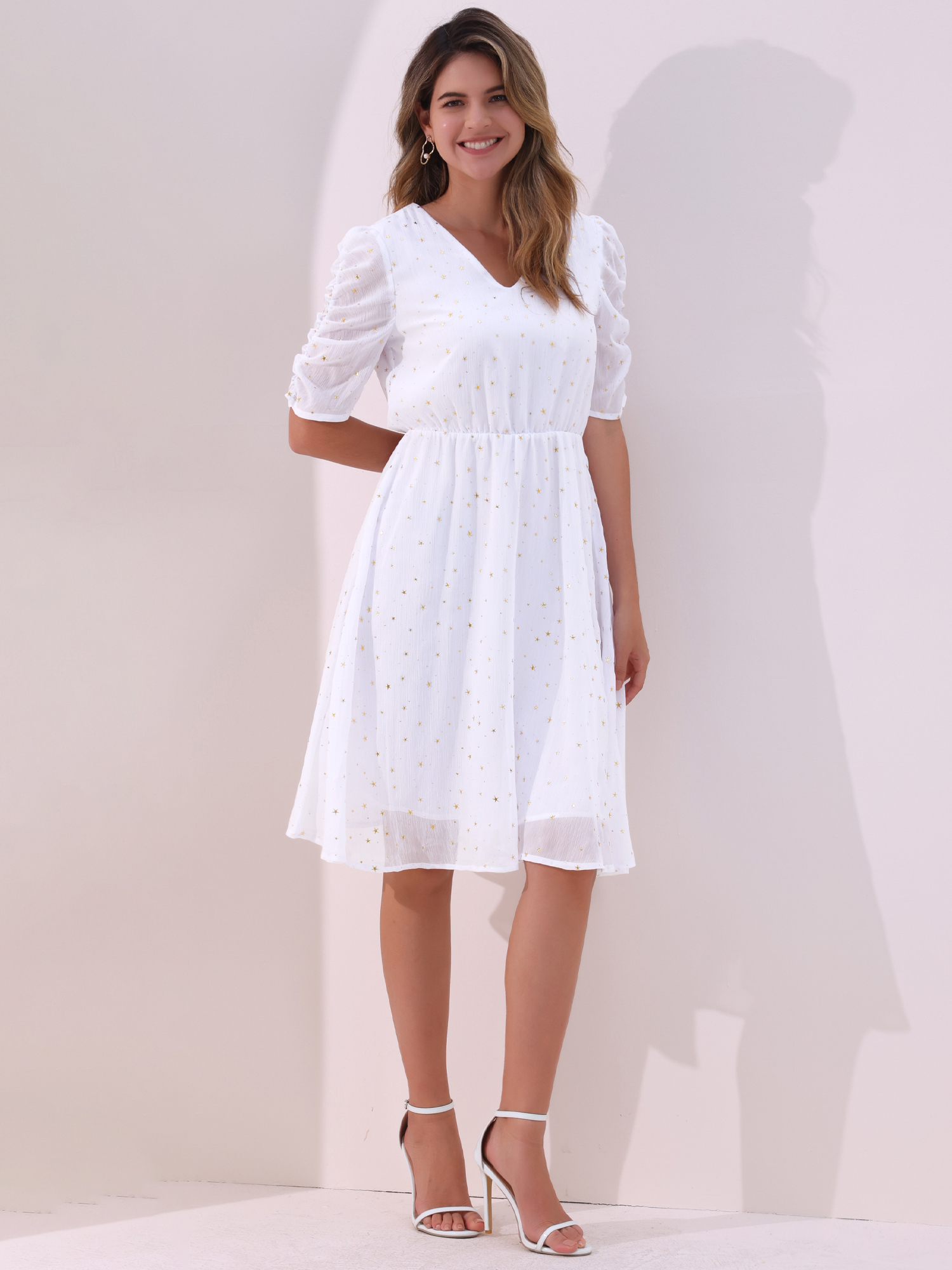 Metallic Stars Ruched Sleeve V Neck A-line Chiffon Dress White/XL