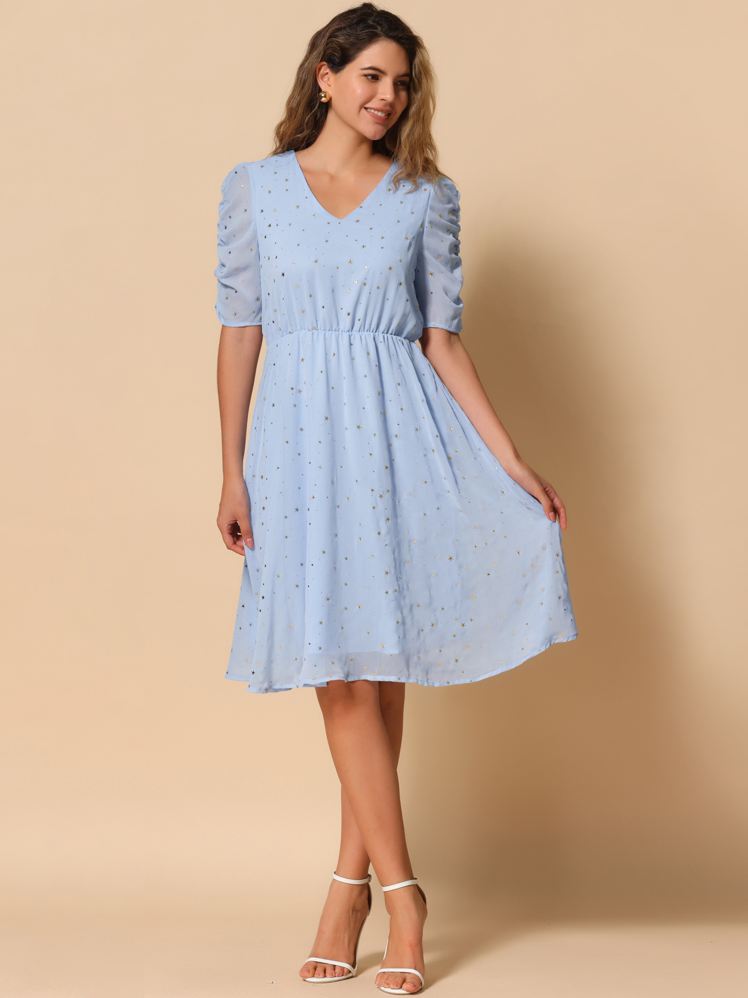 Metallic Stars Ruched Sleeve V Neck A-line Chiffon Dress Blue/XL