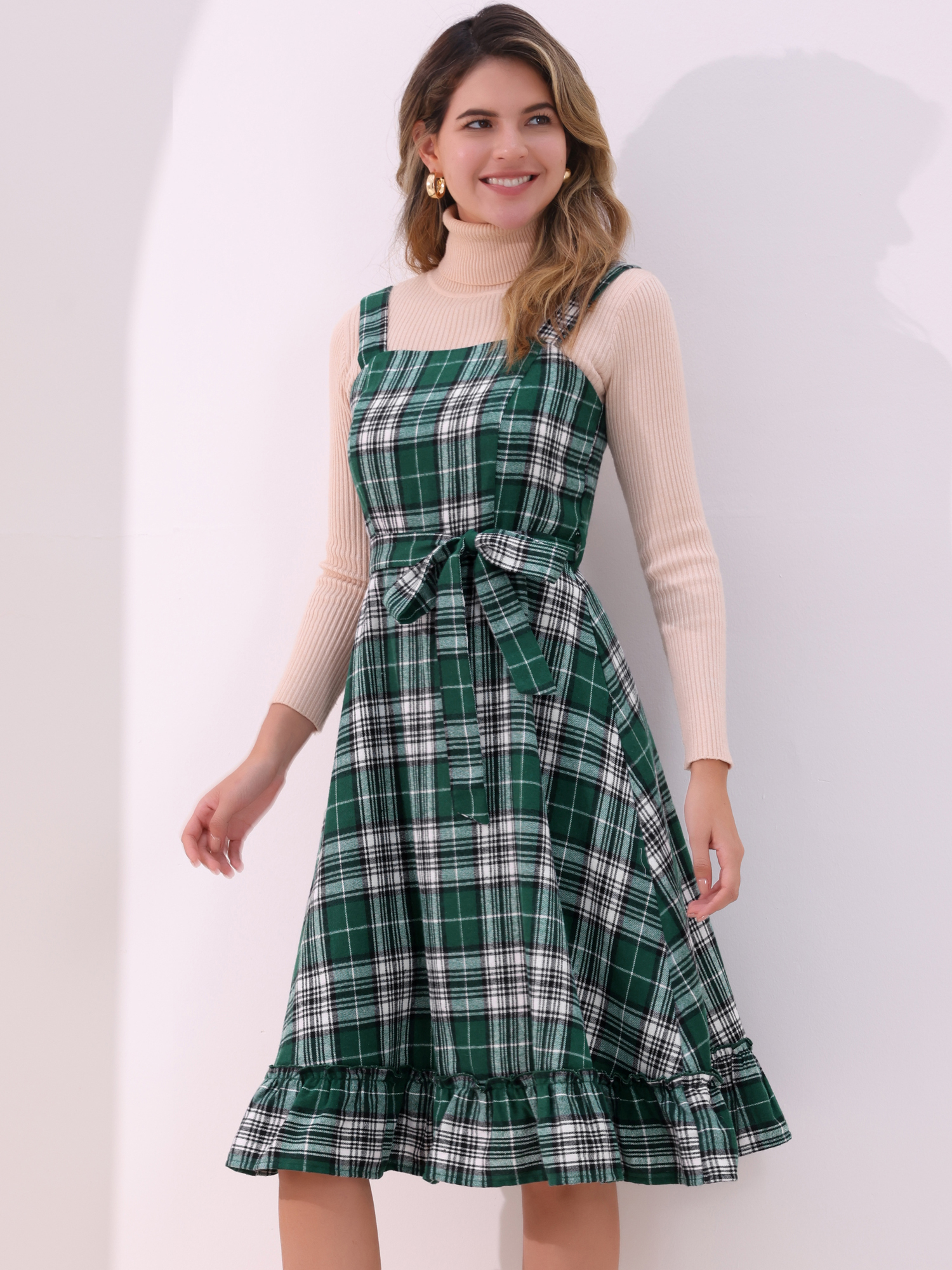 Plaid Ruffled Sleeveless Tie Waist A-Line Pinafore Overall Dress Green/XS