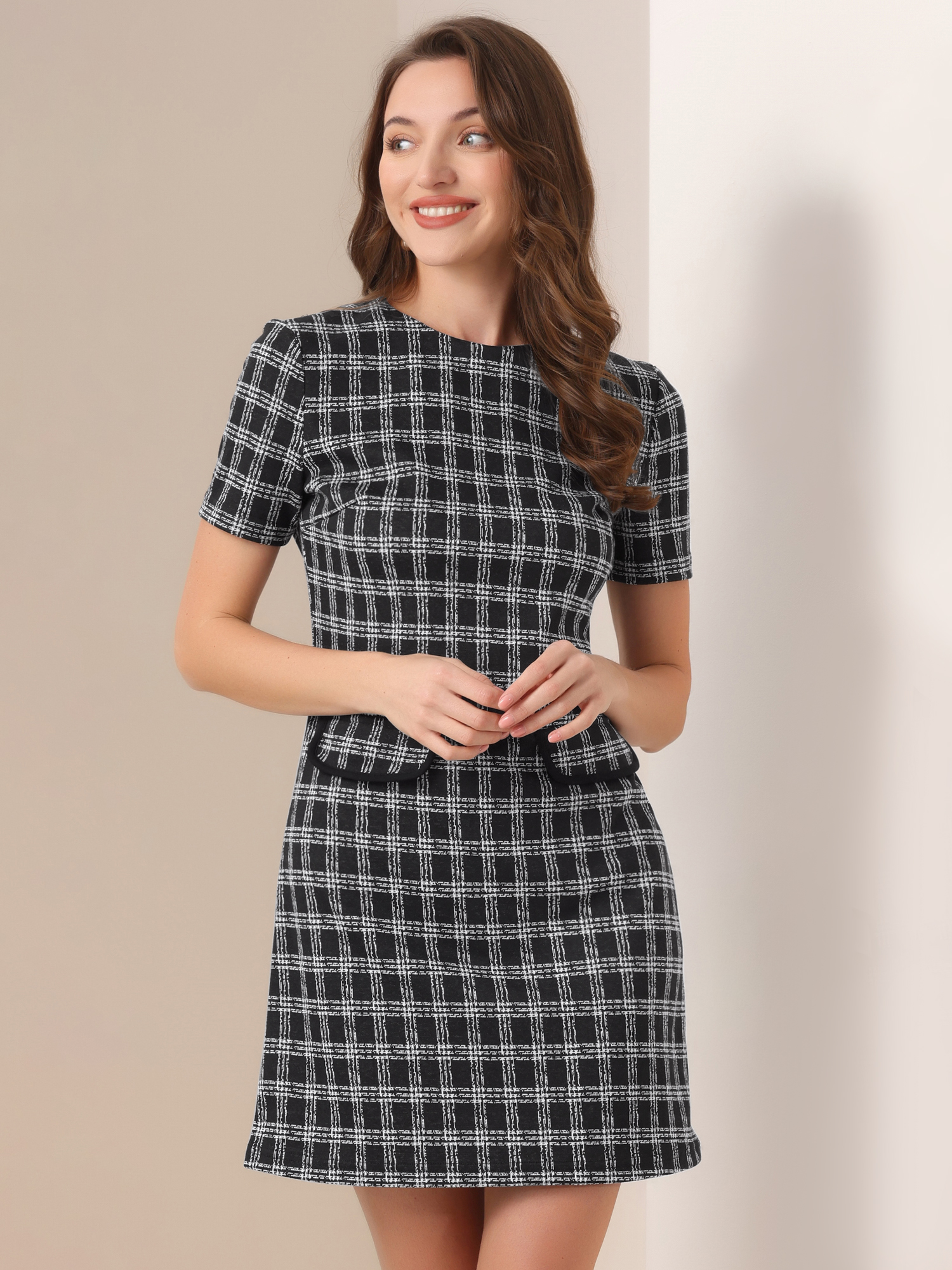 Work Short Sleeve Vintage Houndstooth Pencil Sheath Dress Black White/XS