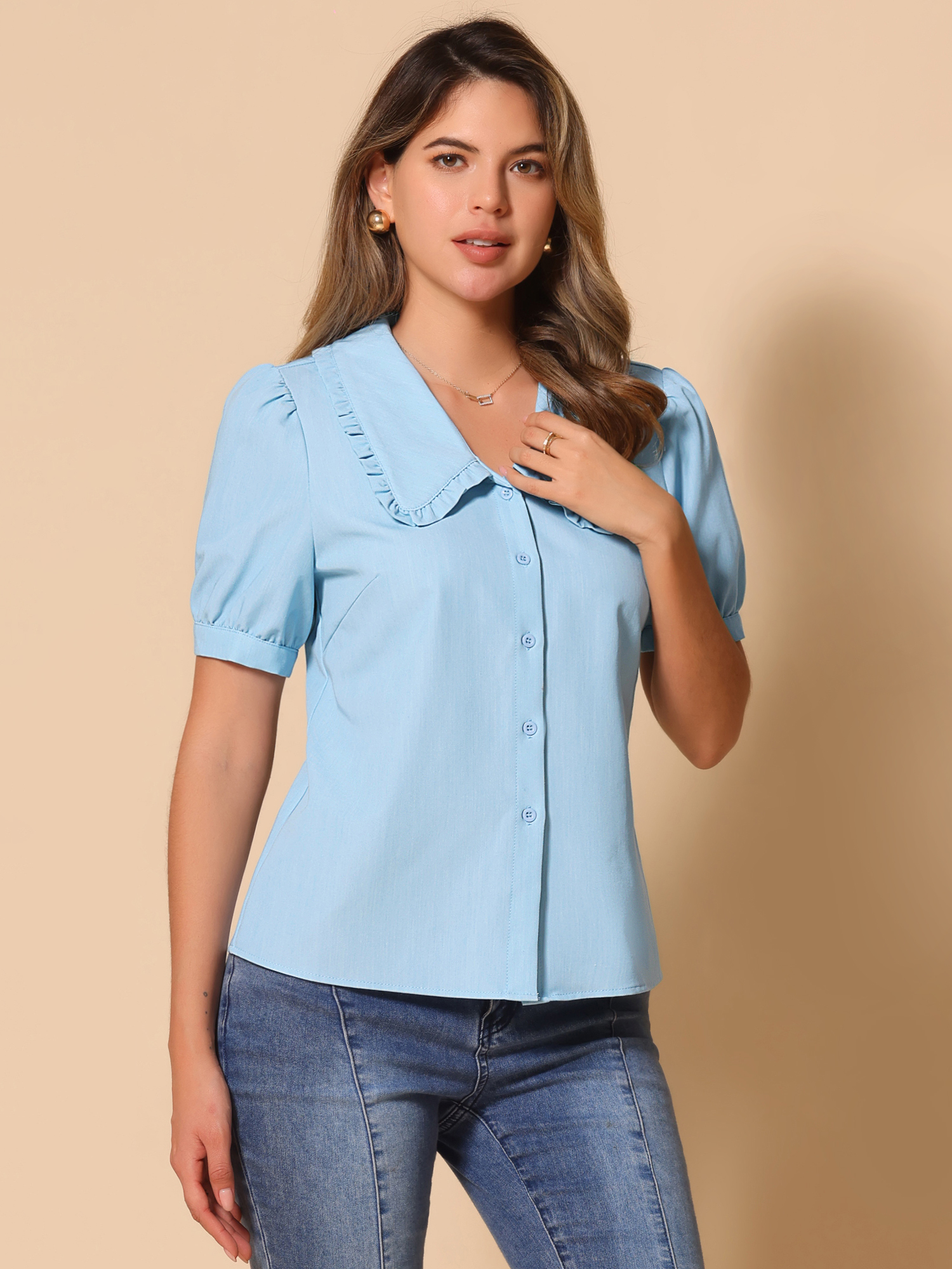 Chambray Shirt Peter Pan Collar Puff Sleeve Vintage Denim Blouse Beau Blue/XL