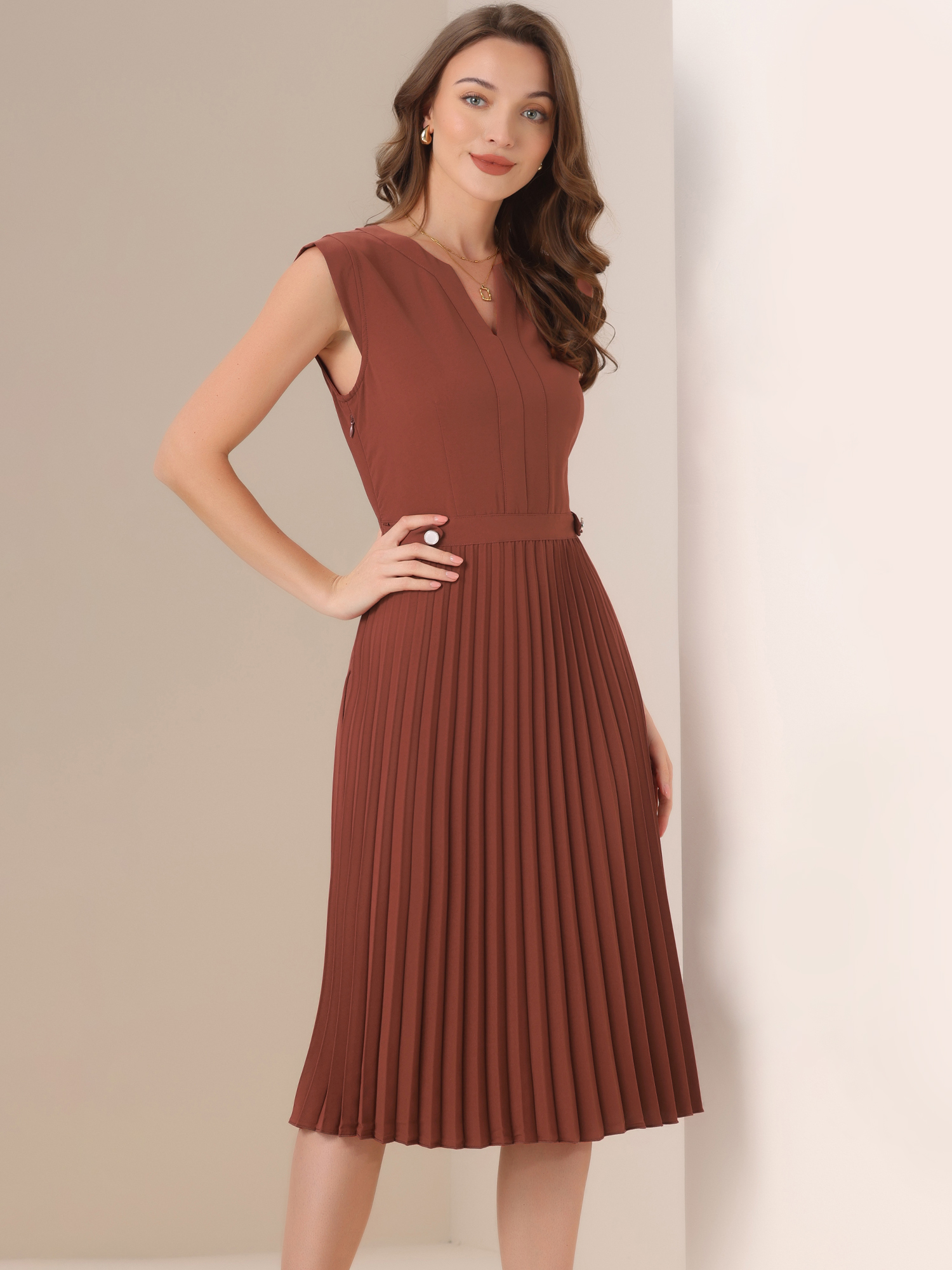 Sleeveless Dress Casual V Neck Button Pleated Midi Dress Rust Red/M