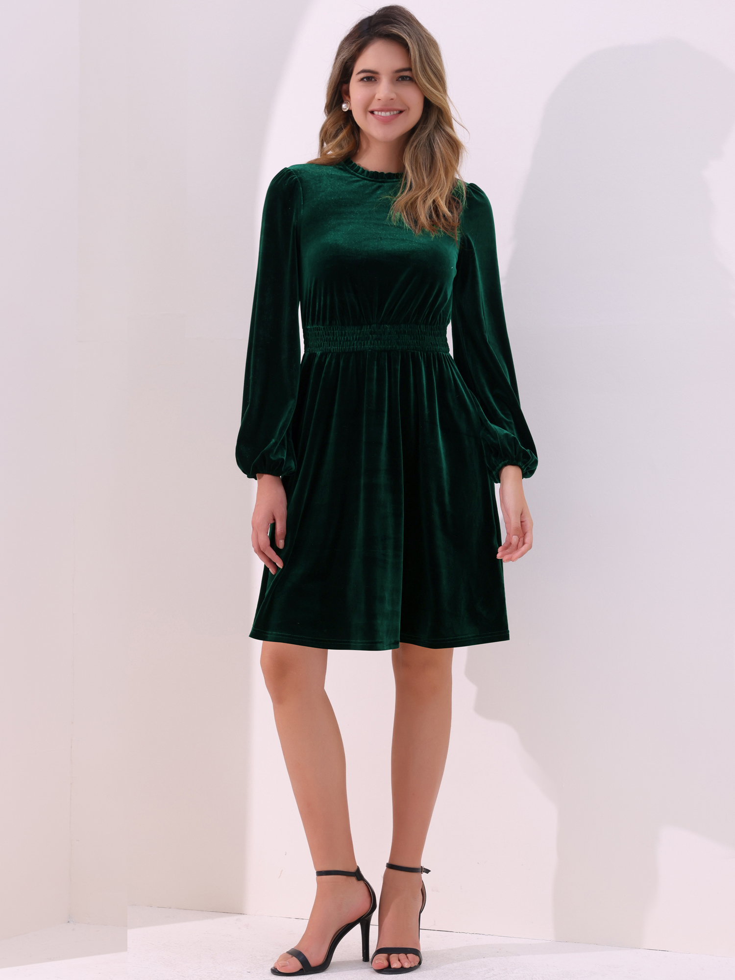 Velvet Smocked Waistline Long Sleeve Midi Dress Green/M