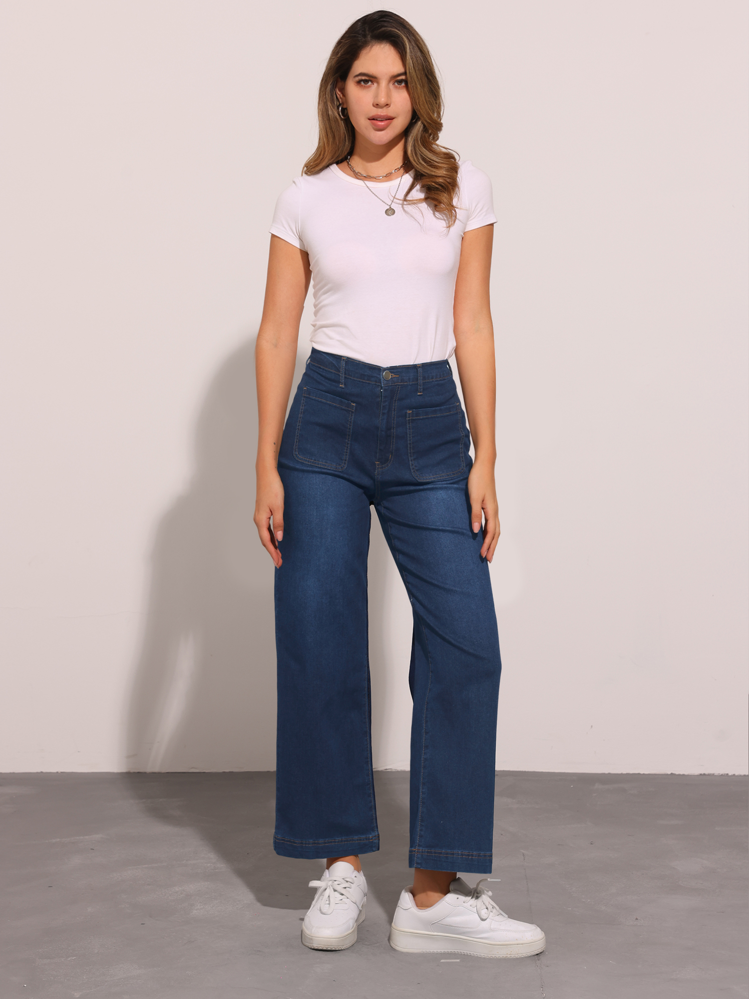 Stretchy Straight Wide Leg Buttoned Denim Pants Jeans Black Blue/S