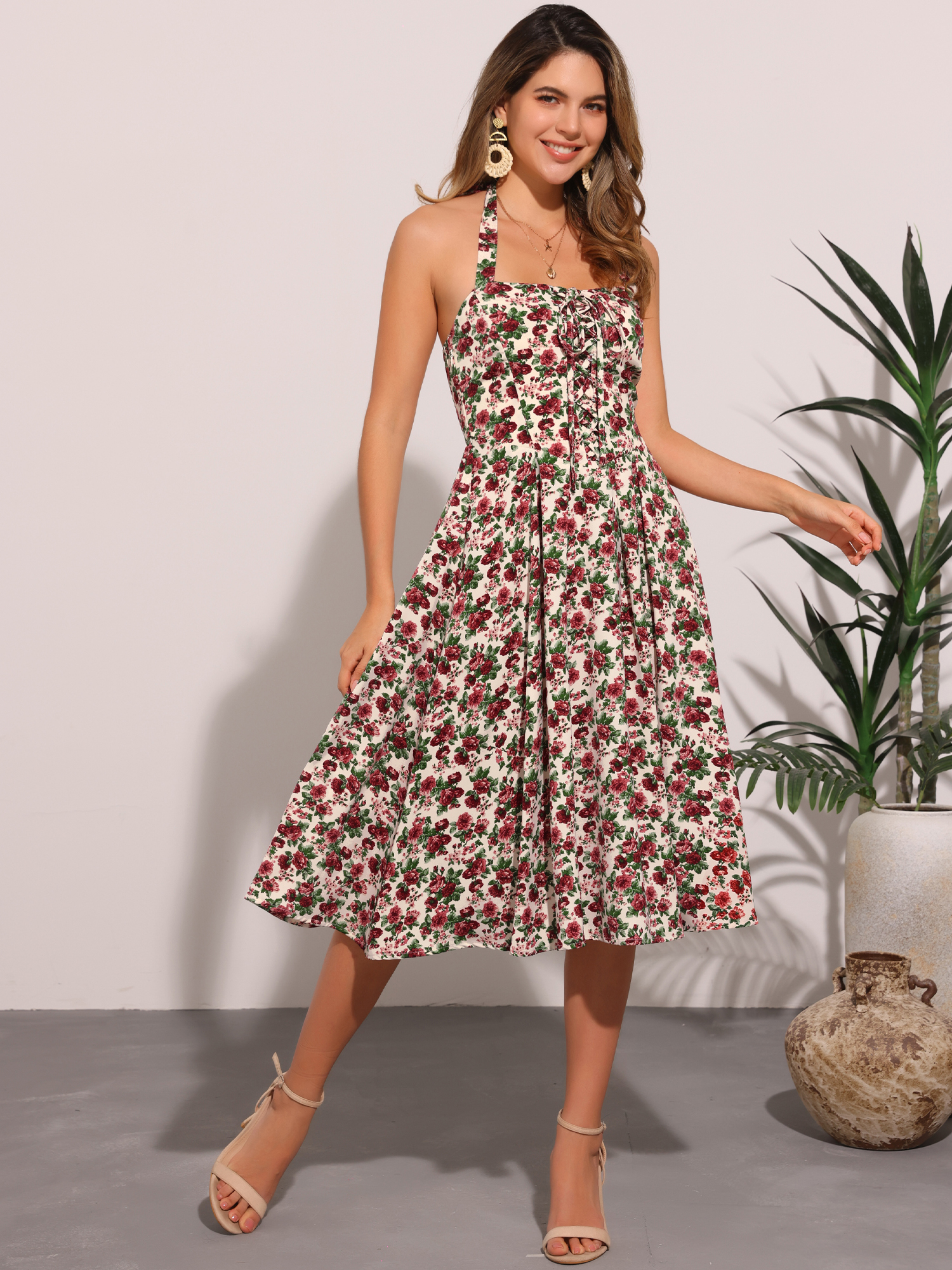 Halter Neck Floral Summer Sundress Sleeveless Lace Up Midi Dress Beige Rose/M