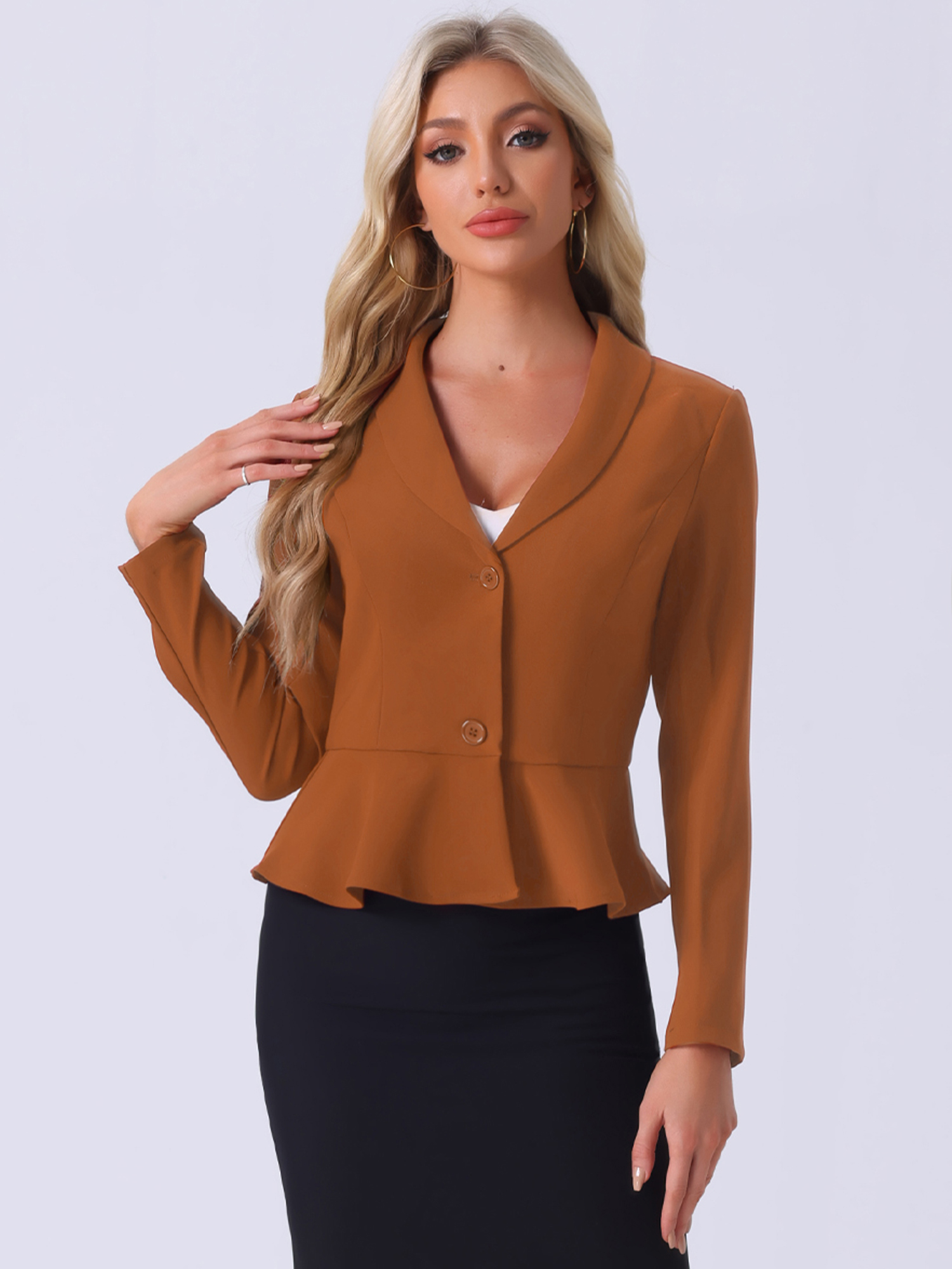 Vintage Lapel Long Sleeve Ruffle Hem Office Cropped Blazer Camel/L