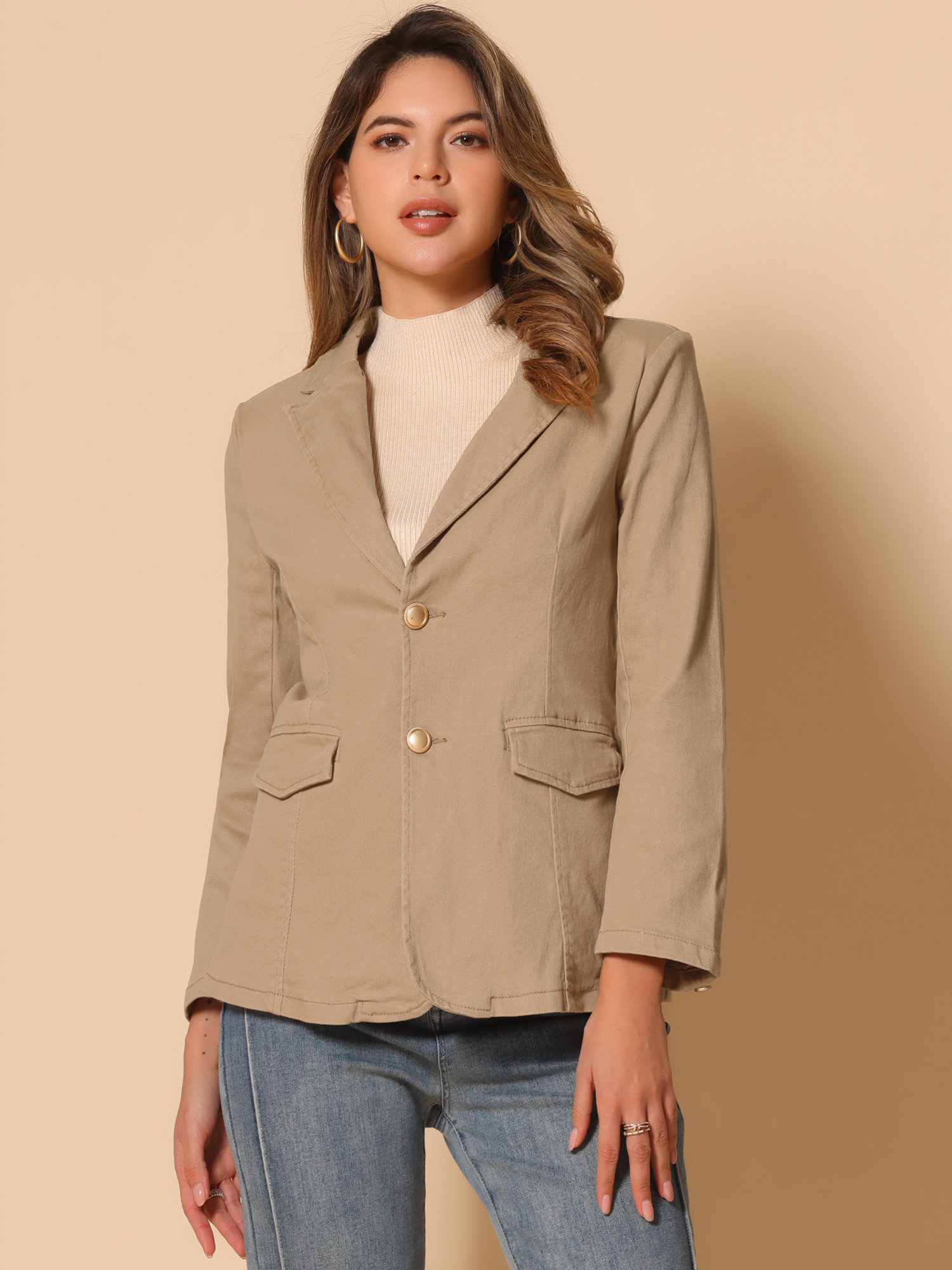 Notched Lapel Denim Single Breasted Shoulder Pad Blazer Jackets Khaki/XL