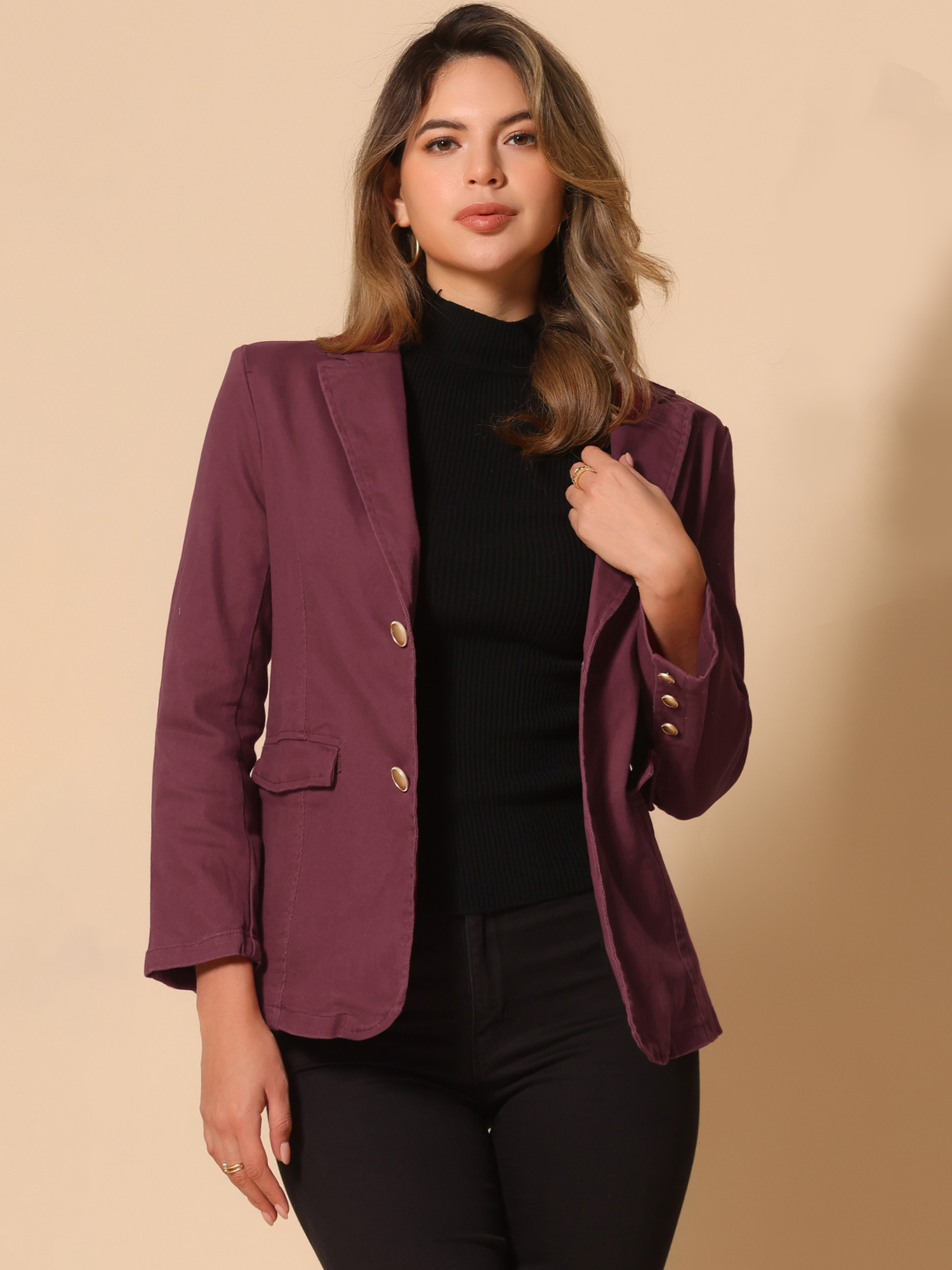 Notched Lapel Denim Single Breasted Shoulder Pad Blazer Jackets Burgundy/L
