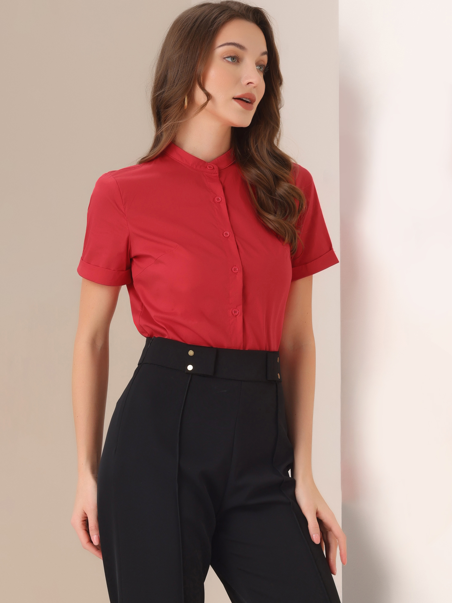 Button Down Stand Collar Short Sleeve Office Work Shirt Bodysuits Red/L