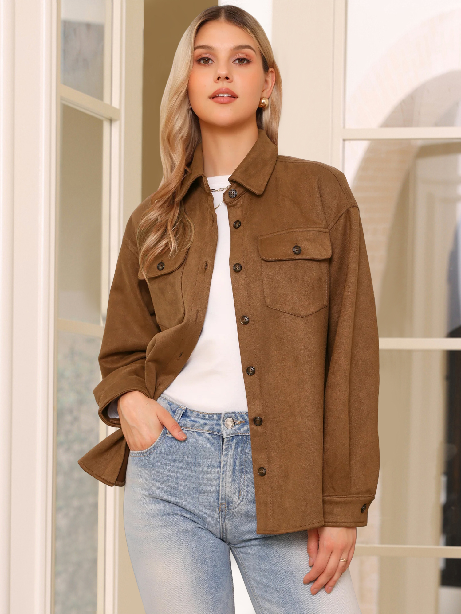 Turn-Down Collar Long Sleeve Button Down Faux Suede Jacket Brown/L