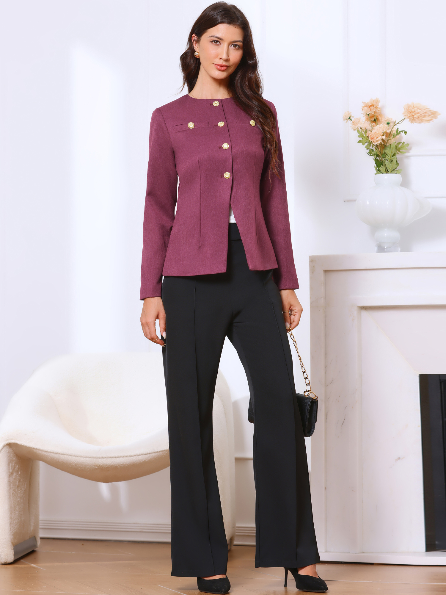 Collarless Button Down Long Sleeve Peplum Jackets Purple/S