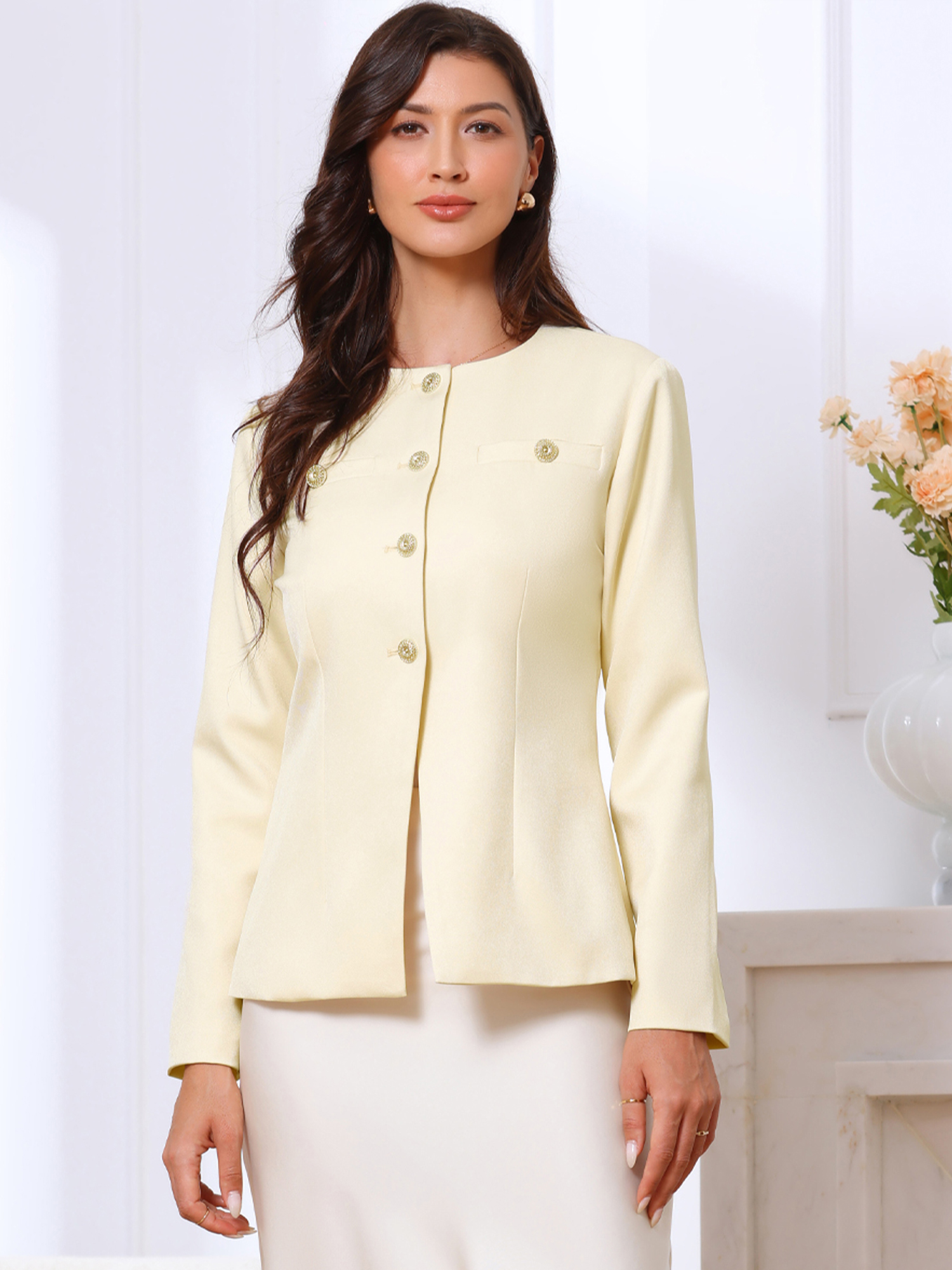 Collarless Button Down Long Sleeve Peplum Jackets Beige/S