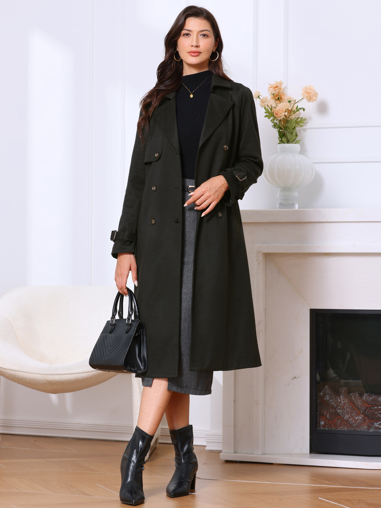 Double Breasted Notched Lapel Long Sleeve Belted Trench Coat Black/S