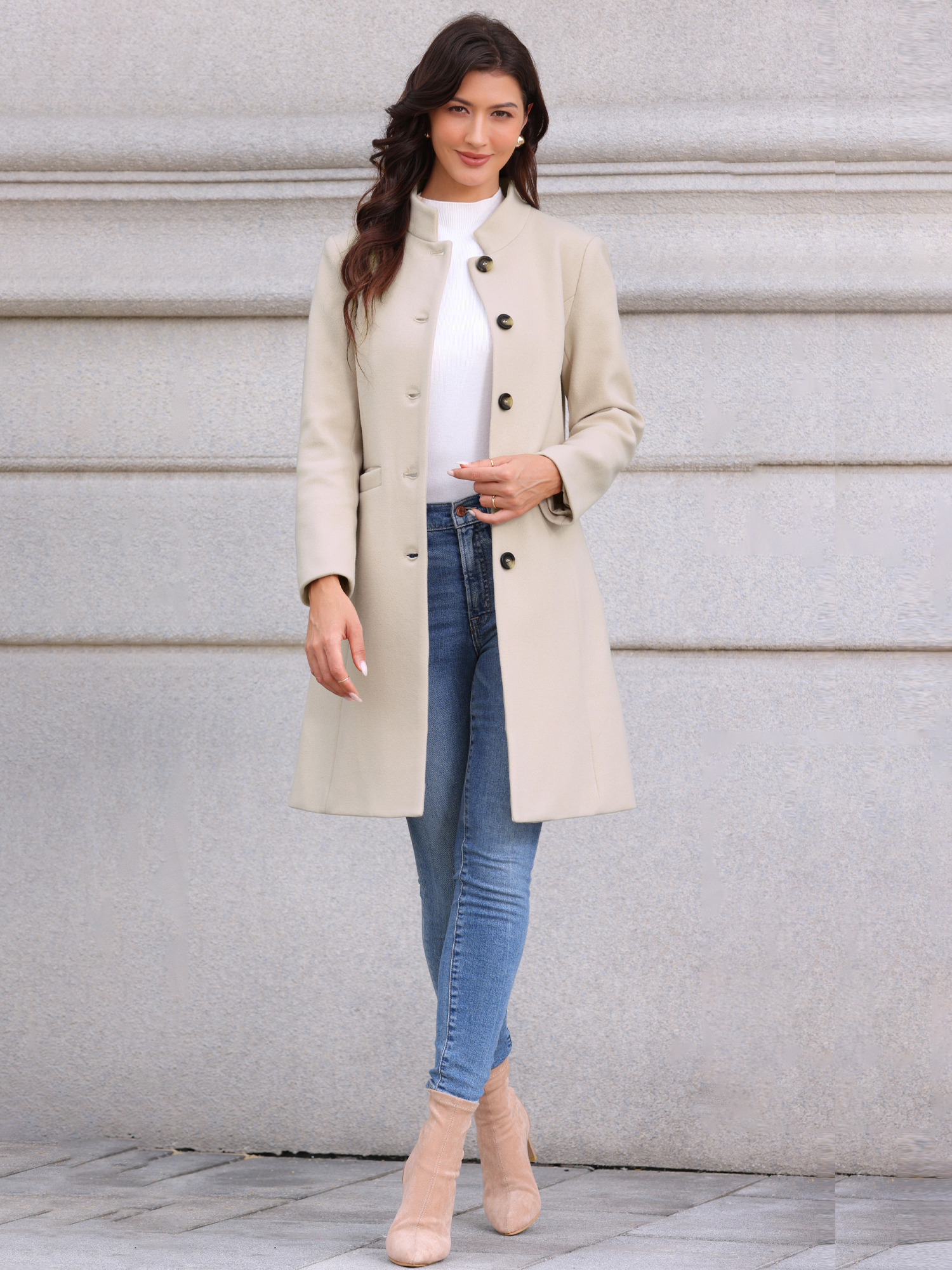 Stand Collar Single Breasted Mid-Long Overcoat Apricot/XS