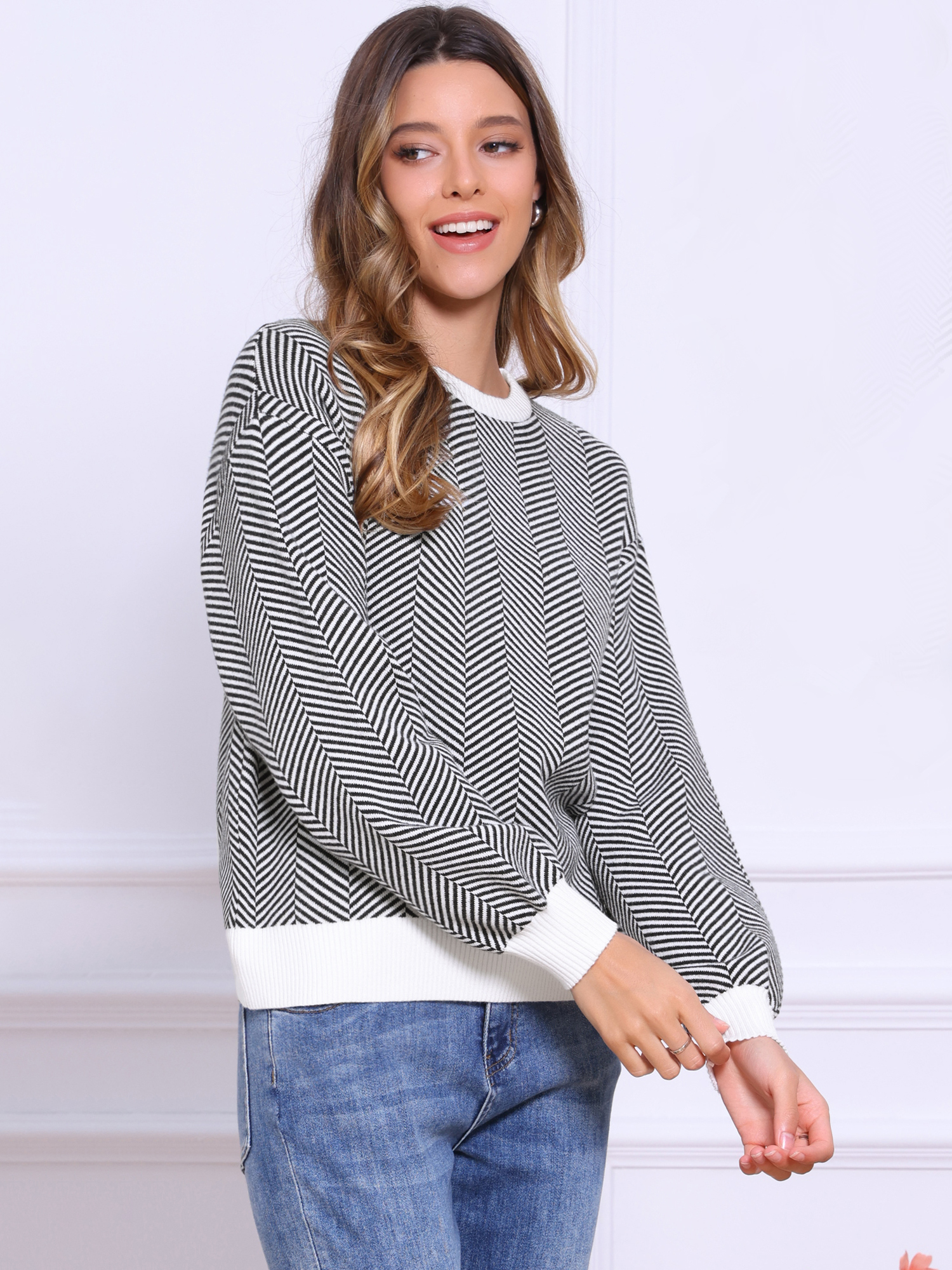 Striped Crew Neck Contrast Long Bishop Sleeve Sweater Black White/L