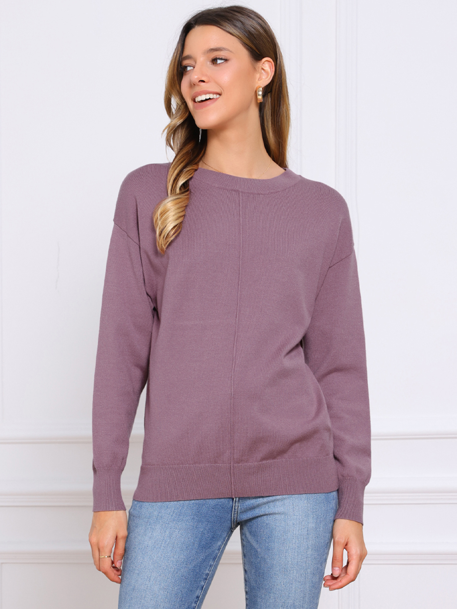 Crew Neck Knit Long Sleeve Soft Basic Pullover Sweaters Dusty Lavender/L