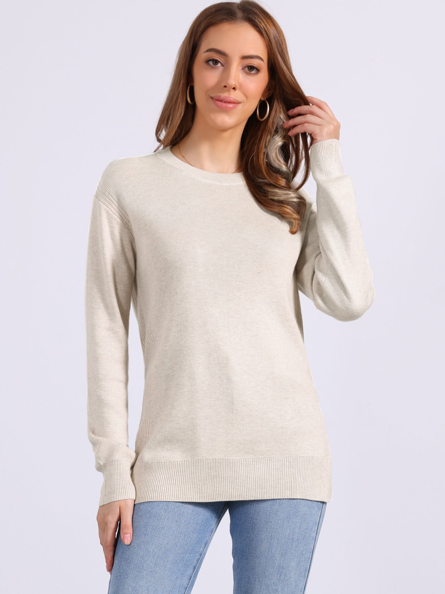 Long Sleeve Crew Neck Ribbed Knit Pullover Sweater Apricot/L