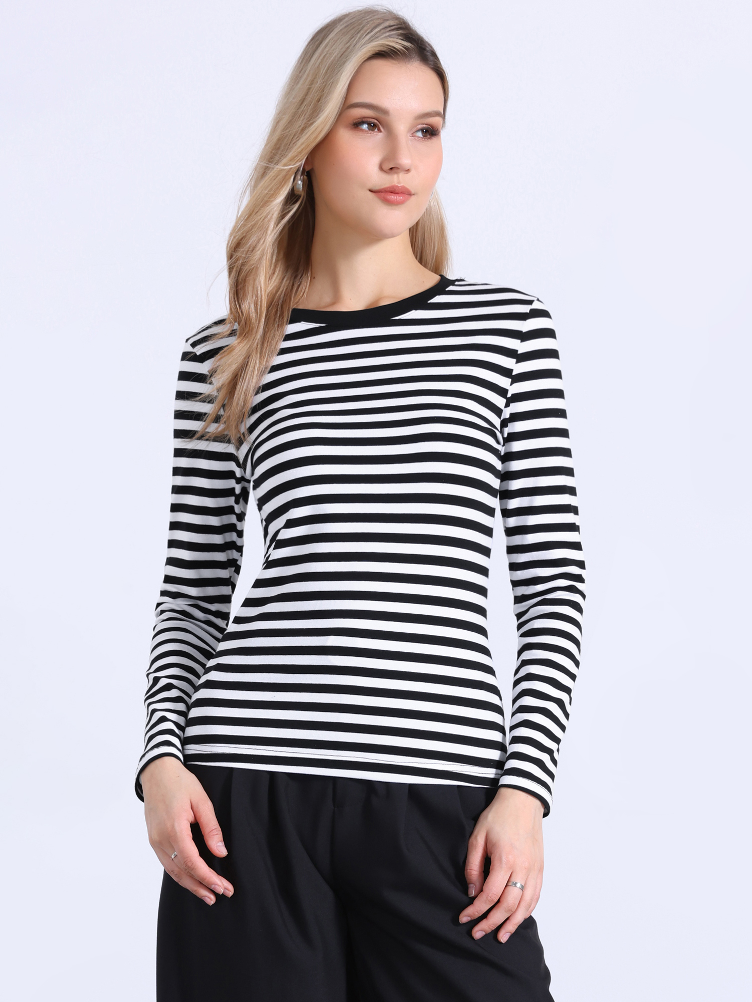 Striped Long Sleeve Crew Neck Casual Tops Black White Stripe/M