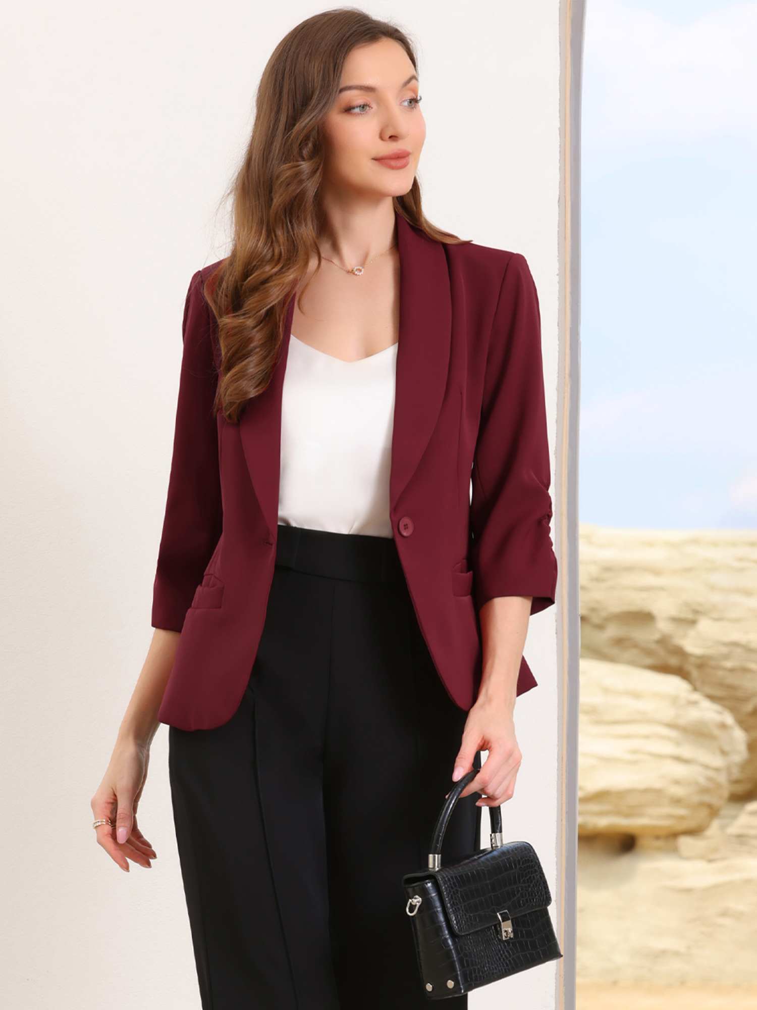 Shawl Lapel Ruched 3/4 Sleeves Pocketed Single Button Office Blazer Burgundy/XL