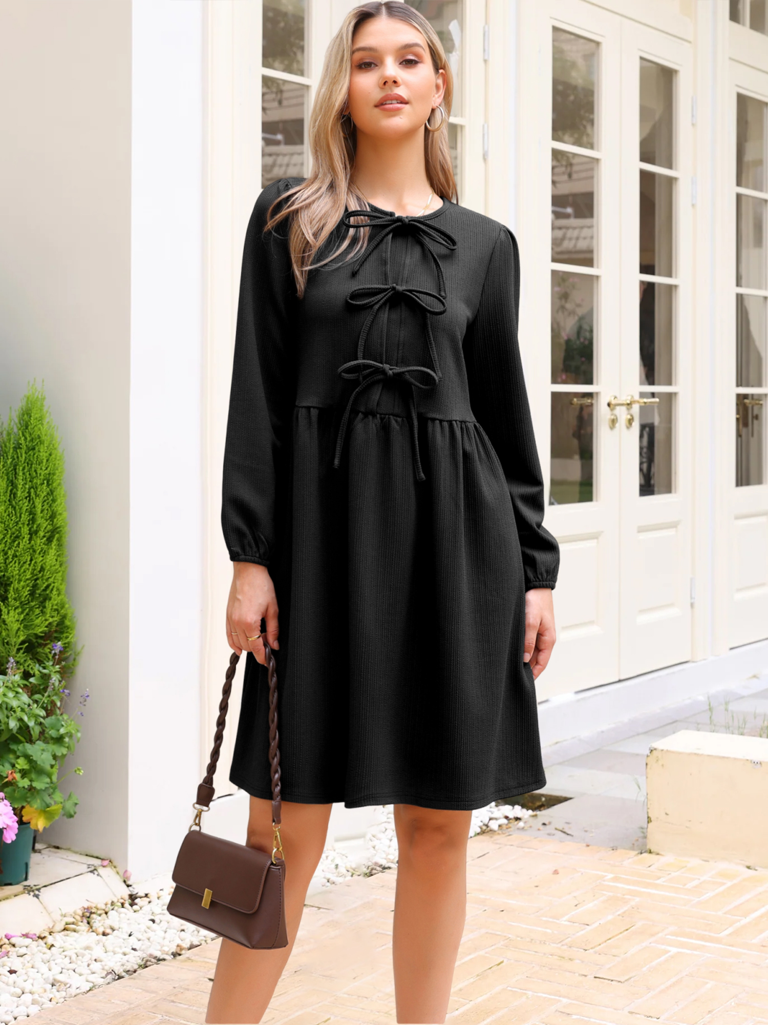 Puff Long Sleeve Bow Tie Front Babydoll Dress Black/S