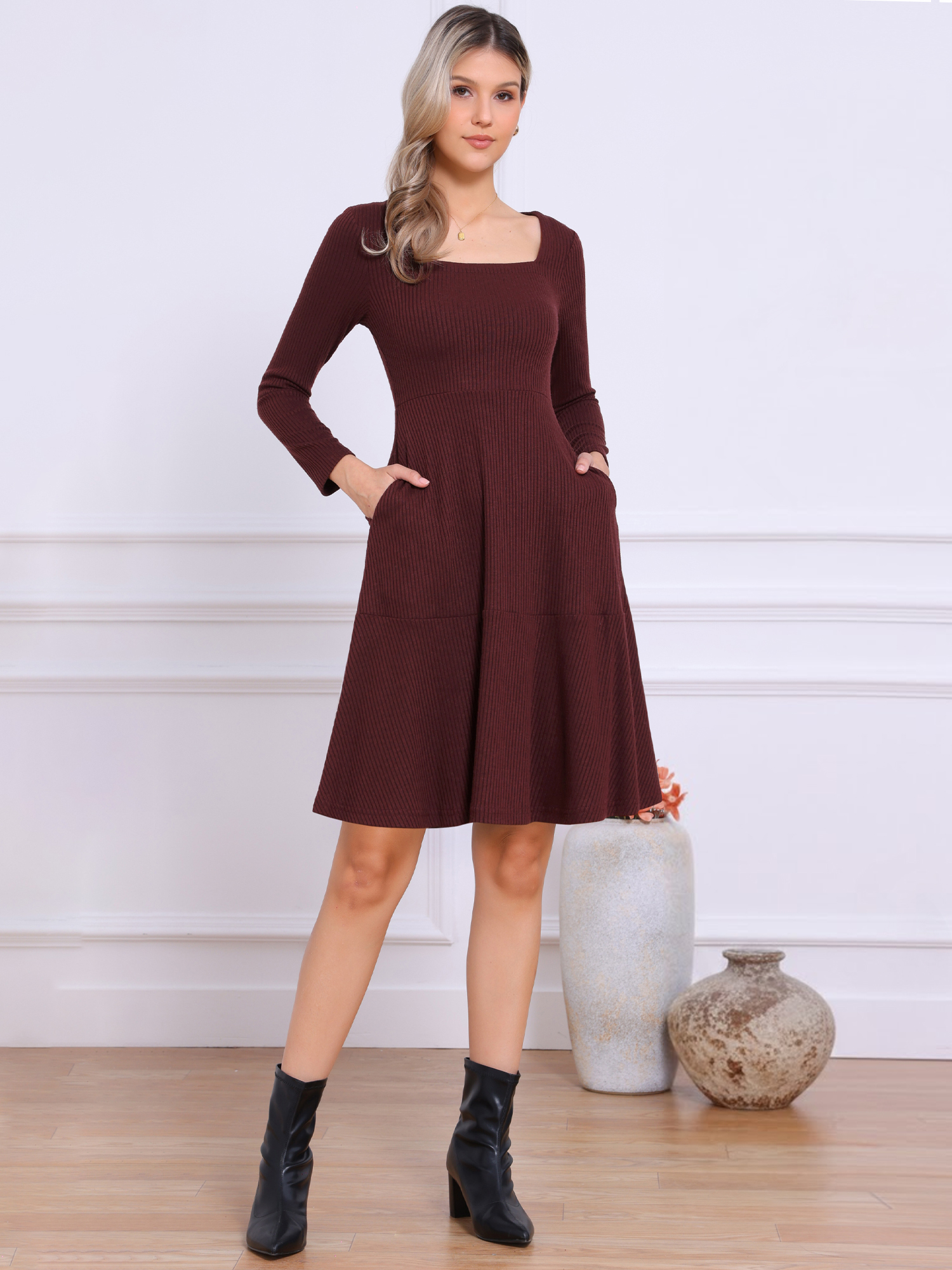 Square Neck Long Sleeve A-Line Pockets Knitted Sweater Dress Deep Red/XL