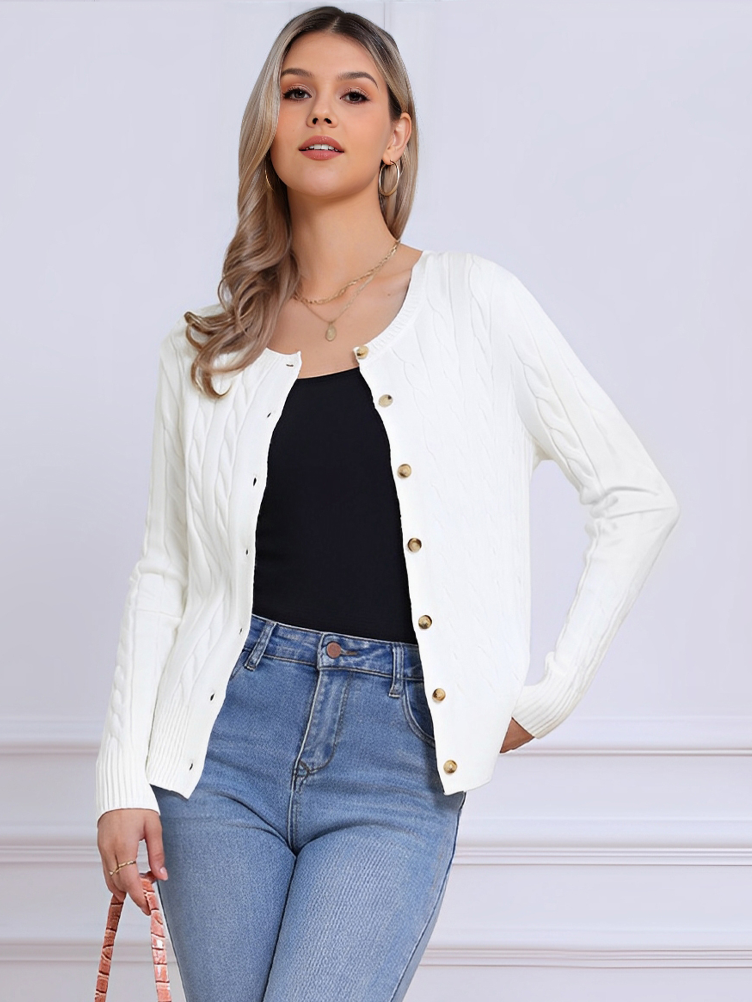 Crew Neck Button Down Long Sleeve Casual Knit Sweater Cardigan White/S