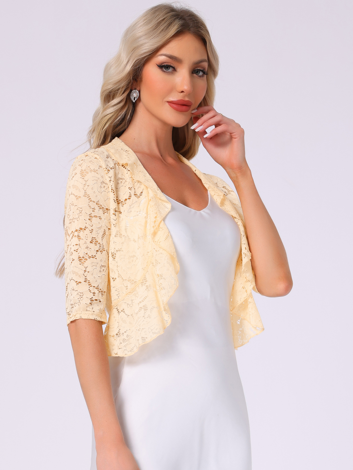 Lace Sheer 3/4 Sleeve Ruffle Hem Open Front Bolero Shrug Apricot/XL
