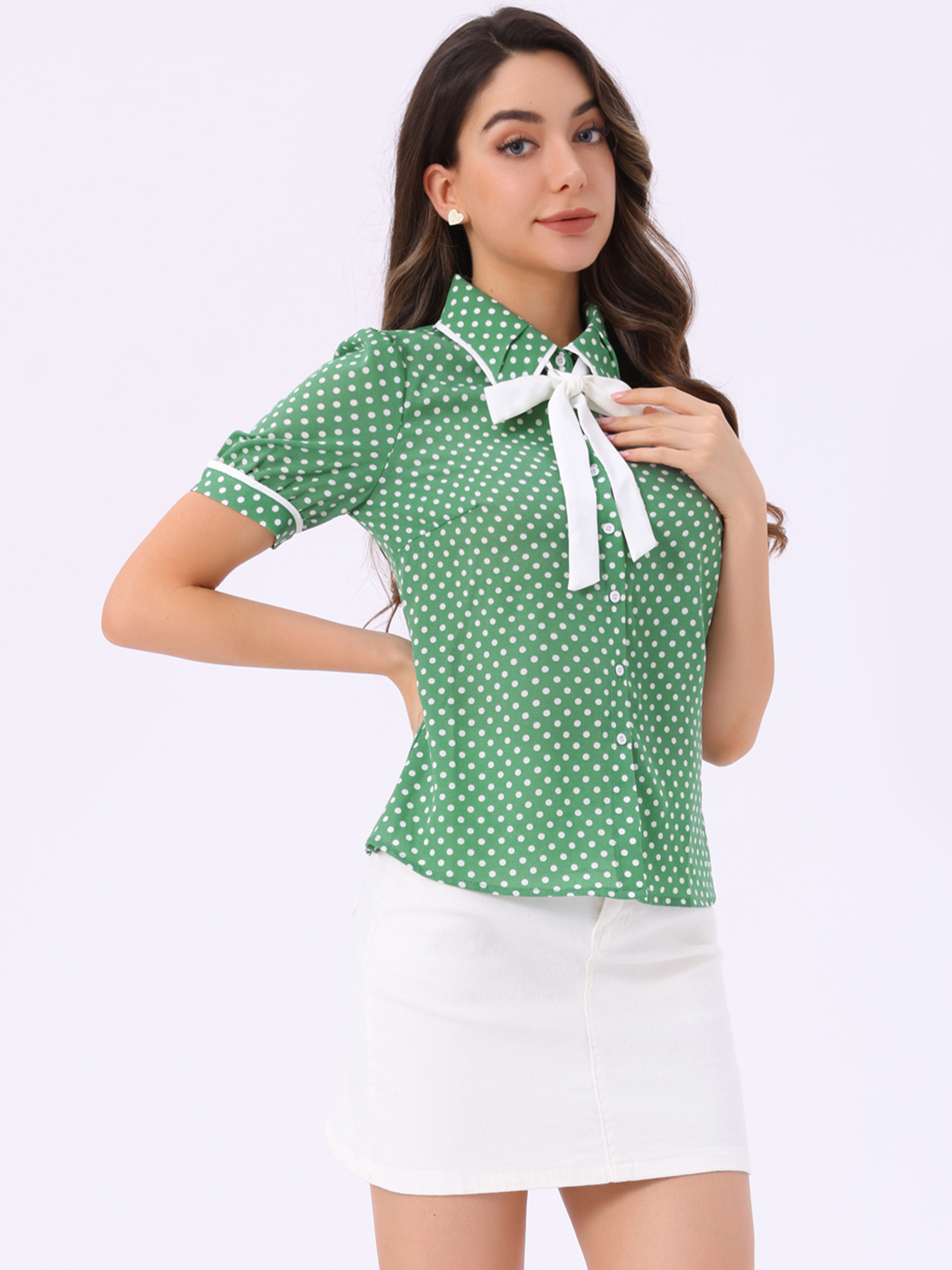 Polka Dot Peter Pan Collar Bow Tie Neck Puff Sleeve Vintage Shirt Green/L