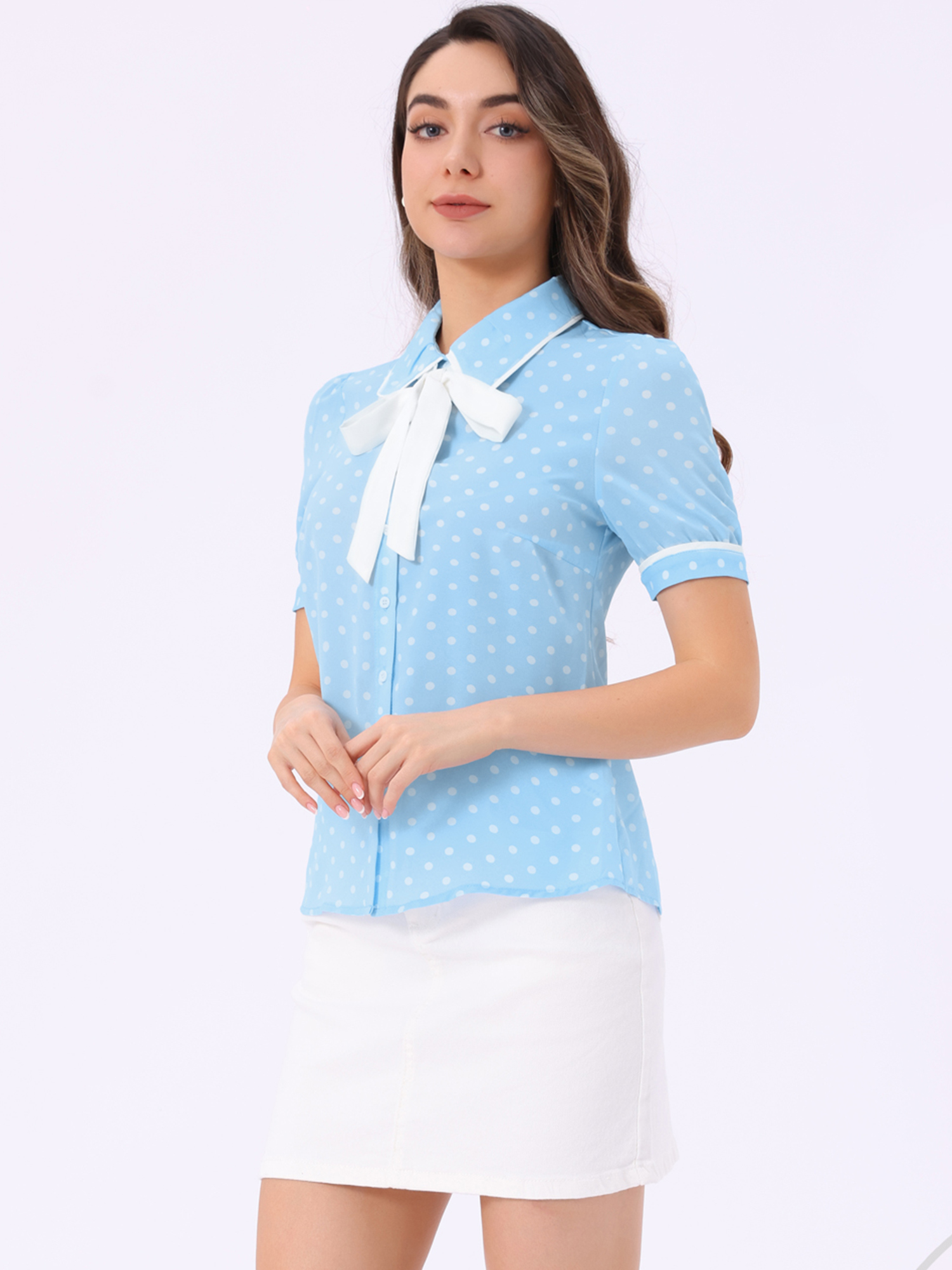 Polka Dot Peter Pan Collar Bow Tie Neck Puff Sleeve Vintage Shirt Baby Blue/S