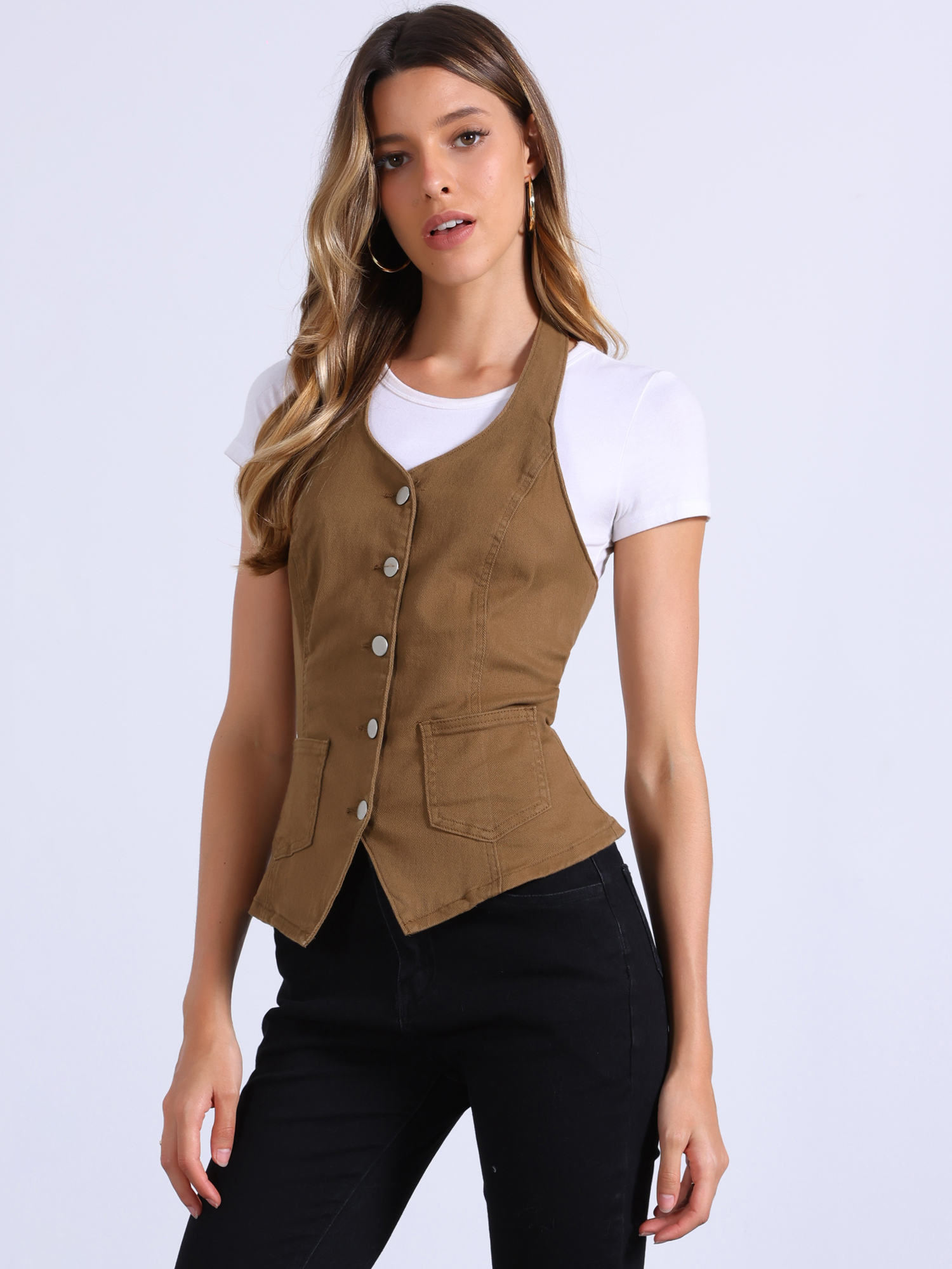 Denim Vest Halter Neck Button Down Backless Jean Waistcoat Brown/XL