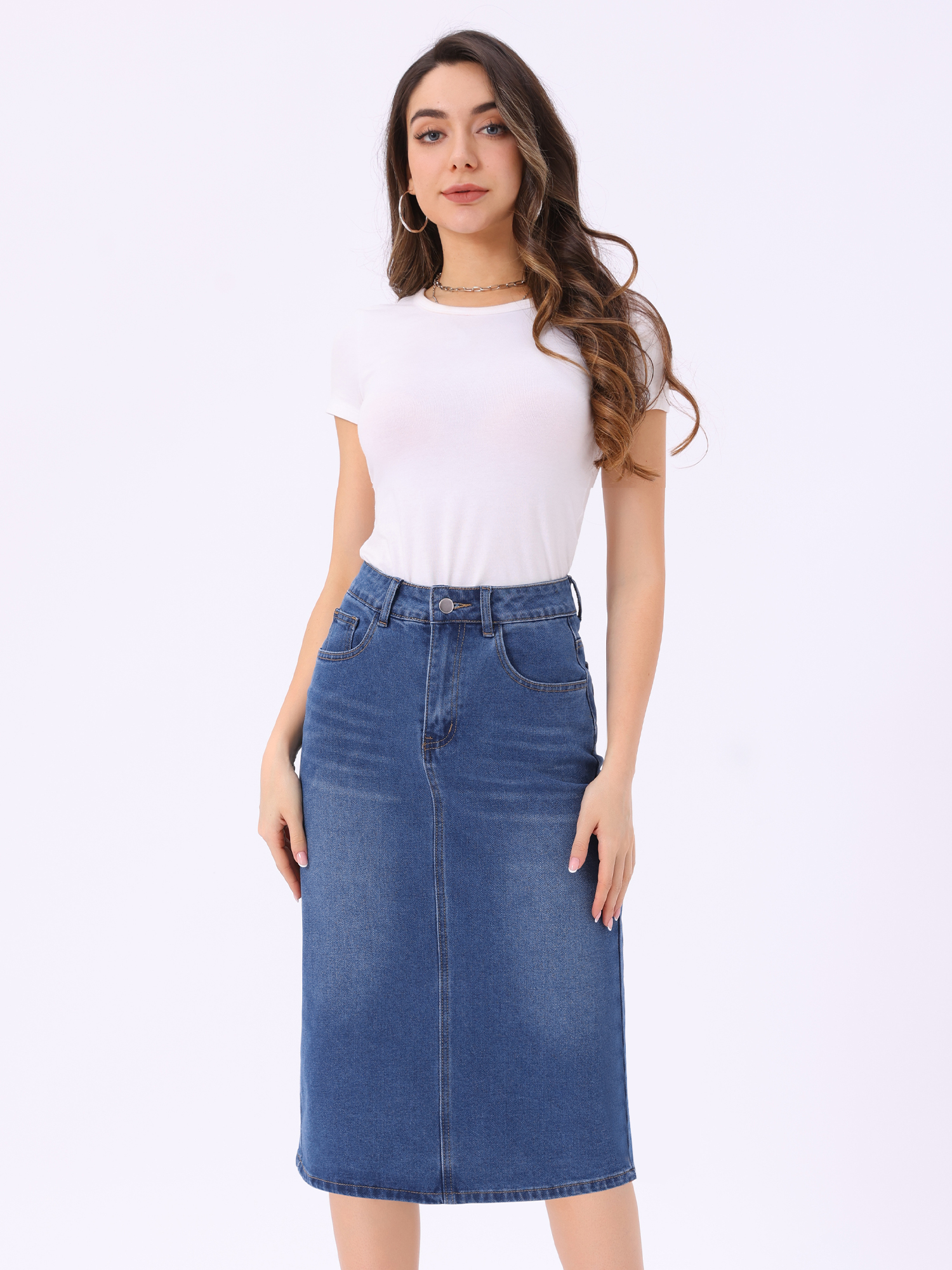Denim High Waist Stretchy Casual Midi Pencil Jean Skirt Sky Blue/S