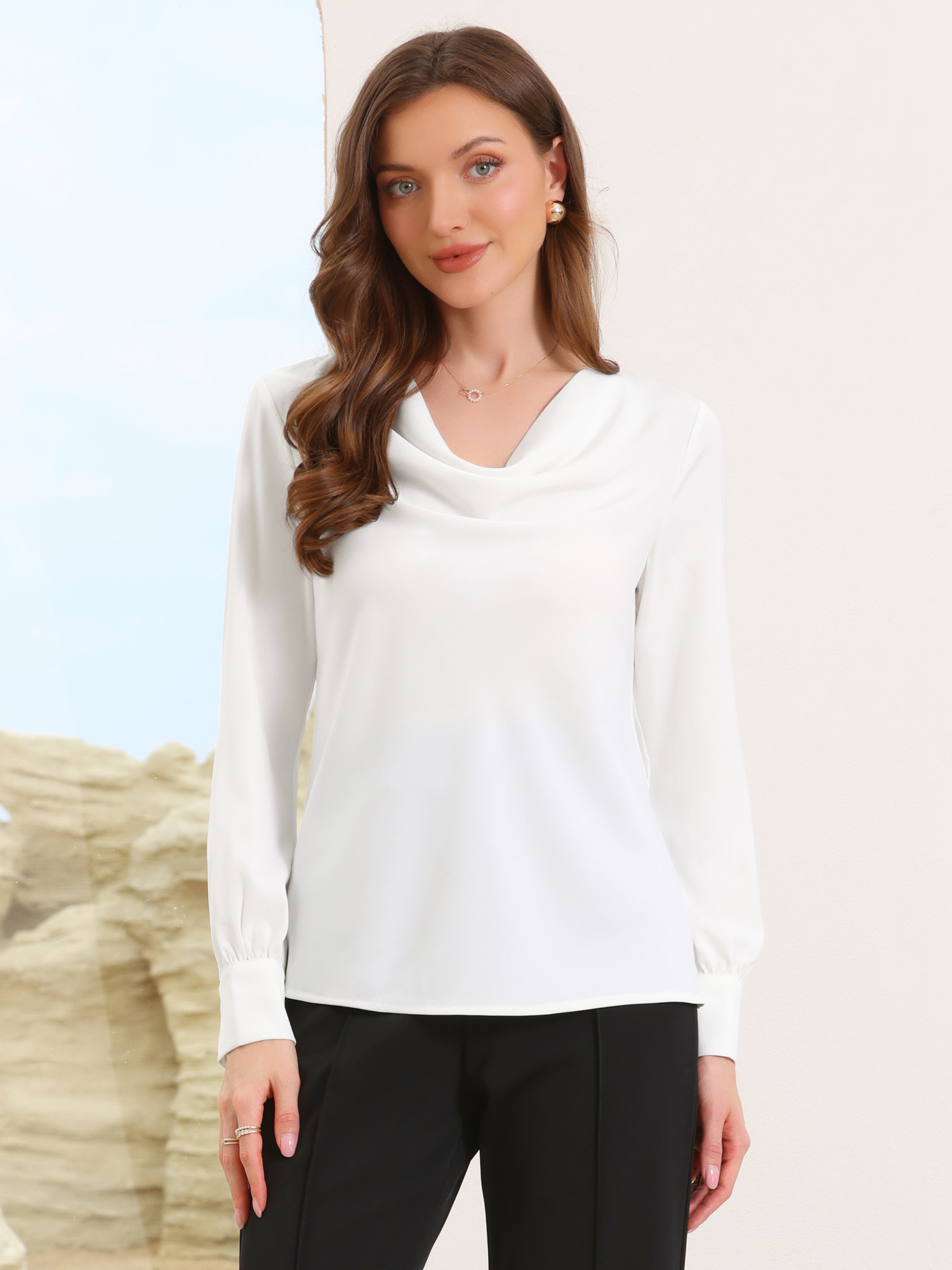 Cowl Neck Long Sleeves Office Satin Blouse White/L