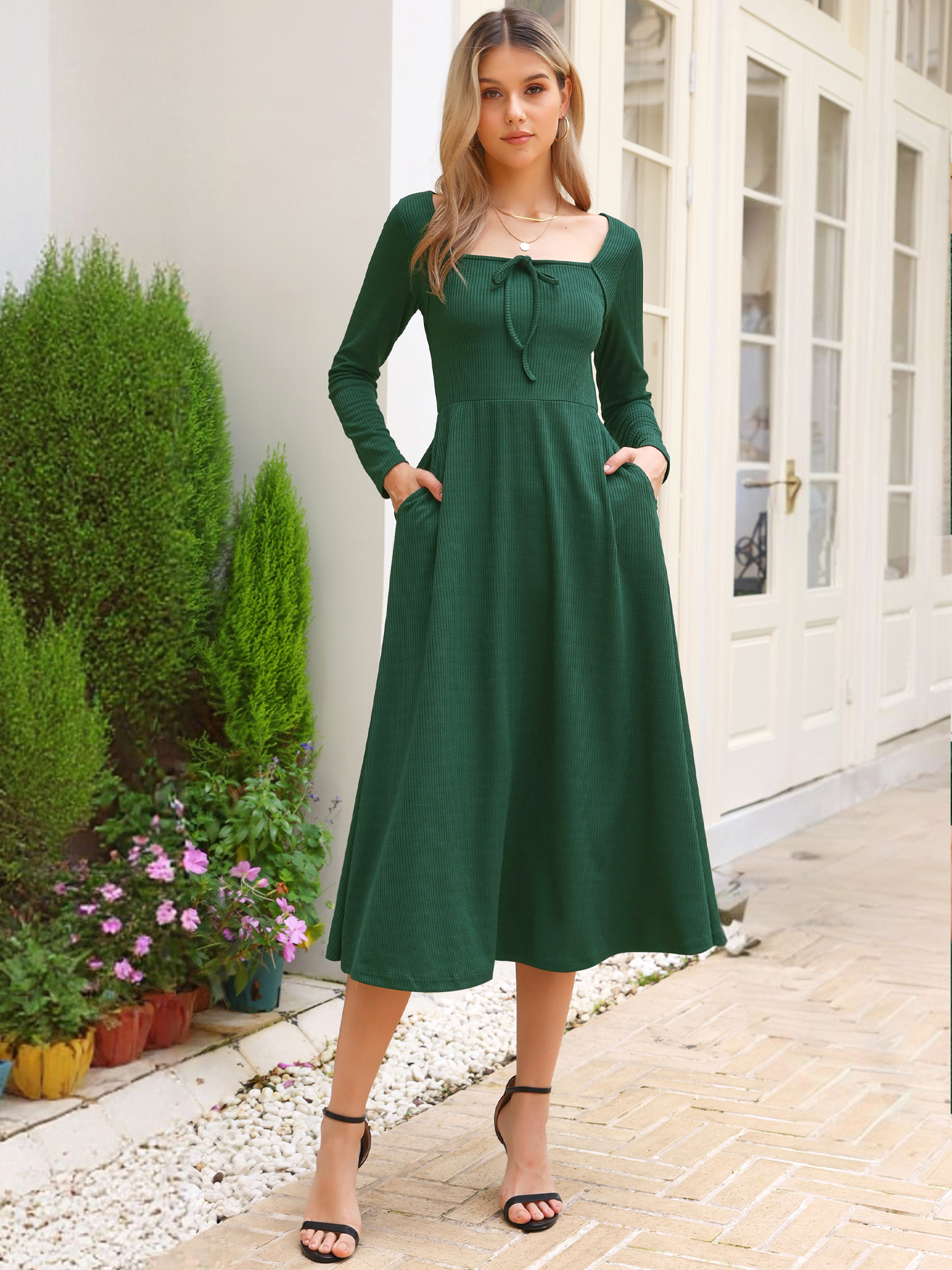Square Neck Long Sleeve A-Line Pocket Knitted Dress Dark Green/S