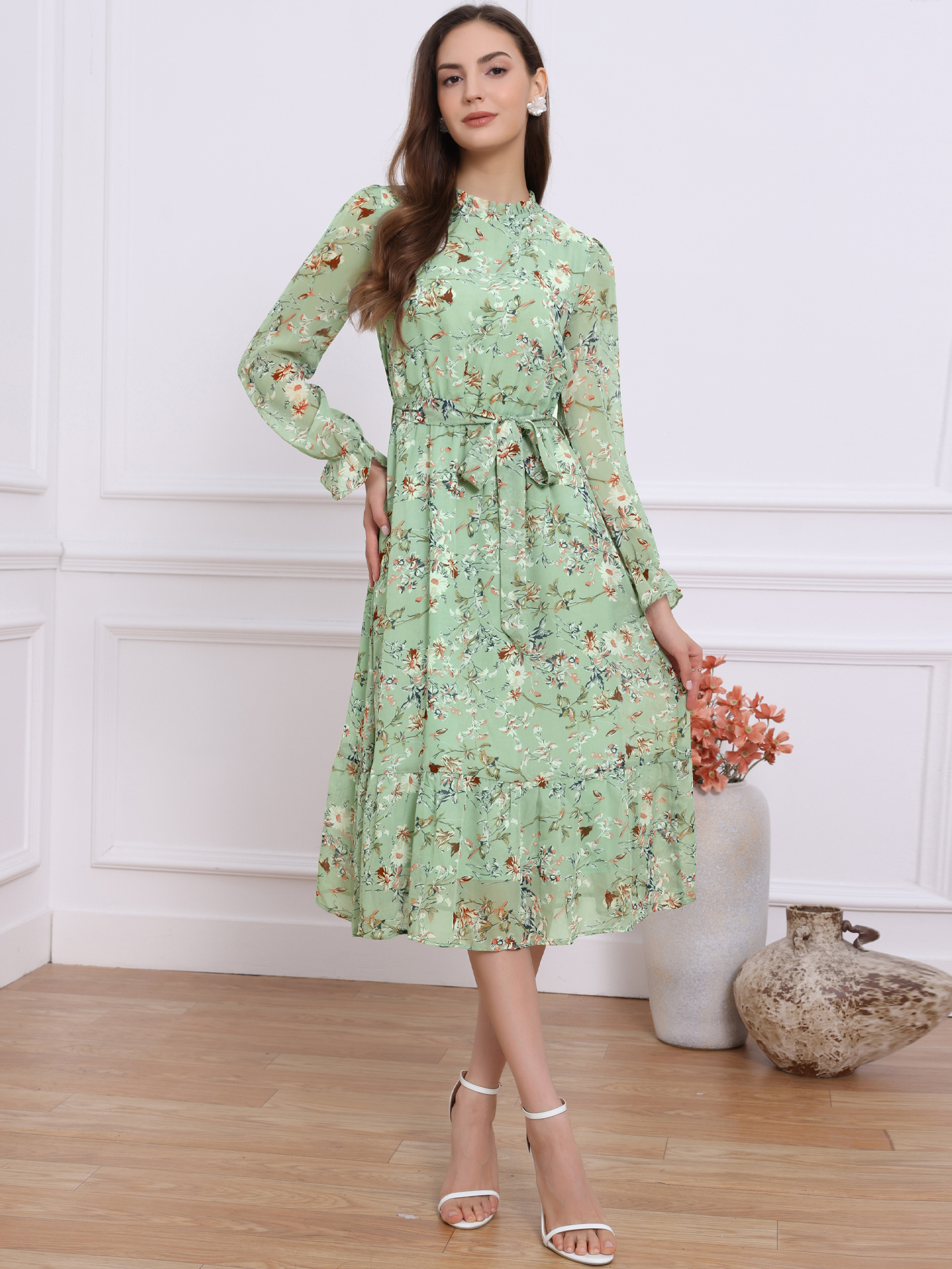 Floral Long Sleeve Belted Flowy Chiffon Midi Dress Grey Green/L