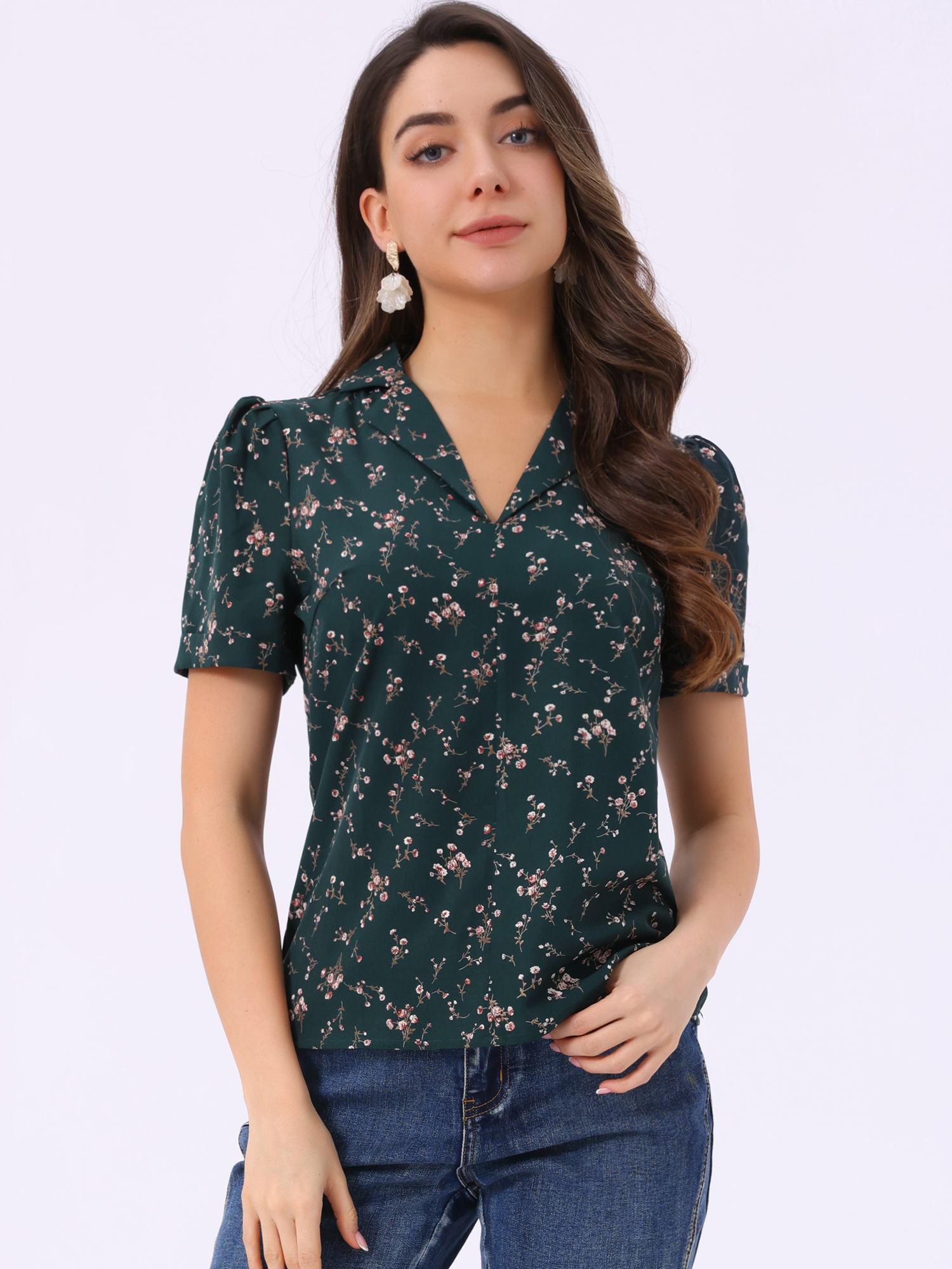 Short Sleeve Casual Cherry Print Notched Lapel Collar Shirt Blouse Dark Green/S