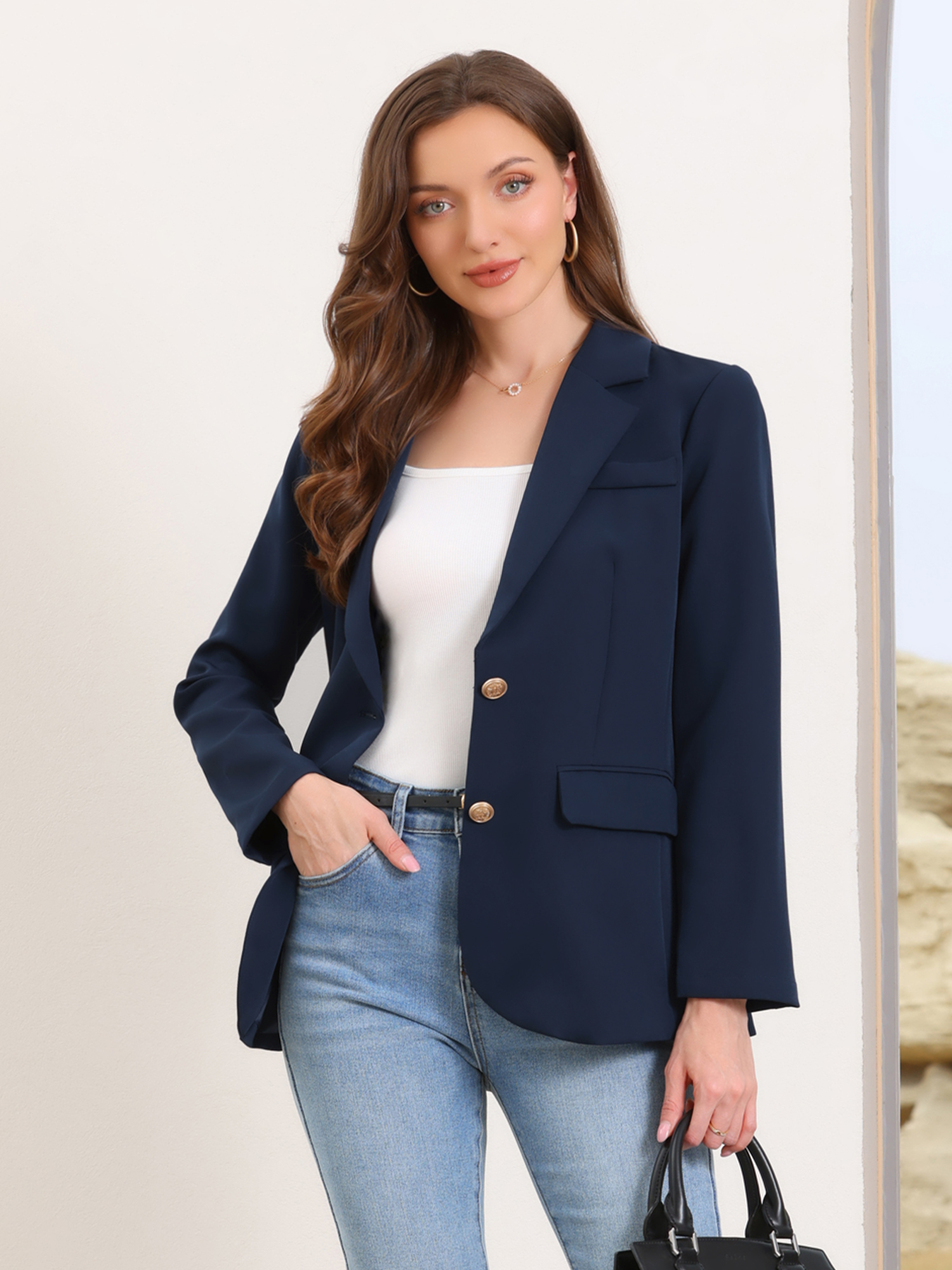 Notched Lapel Long Sleeve Single Breasted Work Blazer Dark Blue/XL