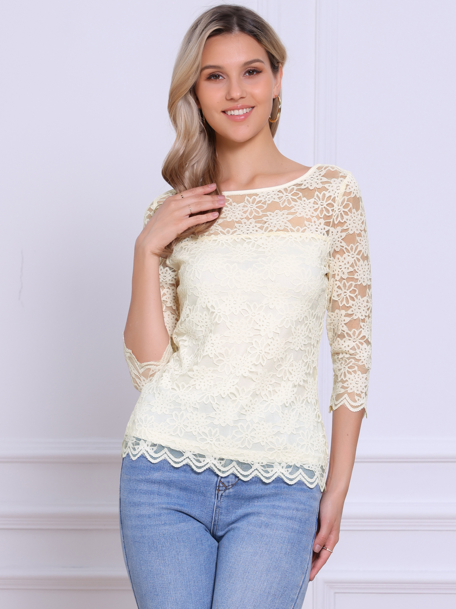 Floral Lace Sheer 3/4 Sleeve Boat Neck Blouse Apricot/XS