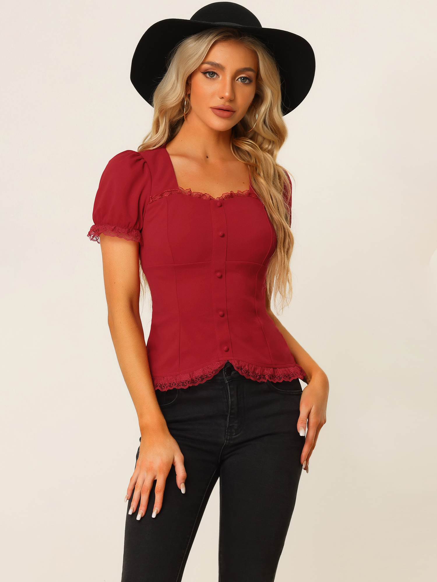 Sweetheart Neck Puff Short Sleeve Lace Up Gothic Blouse Burgundy/2XL
