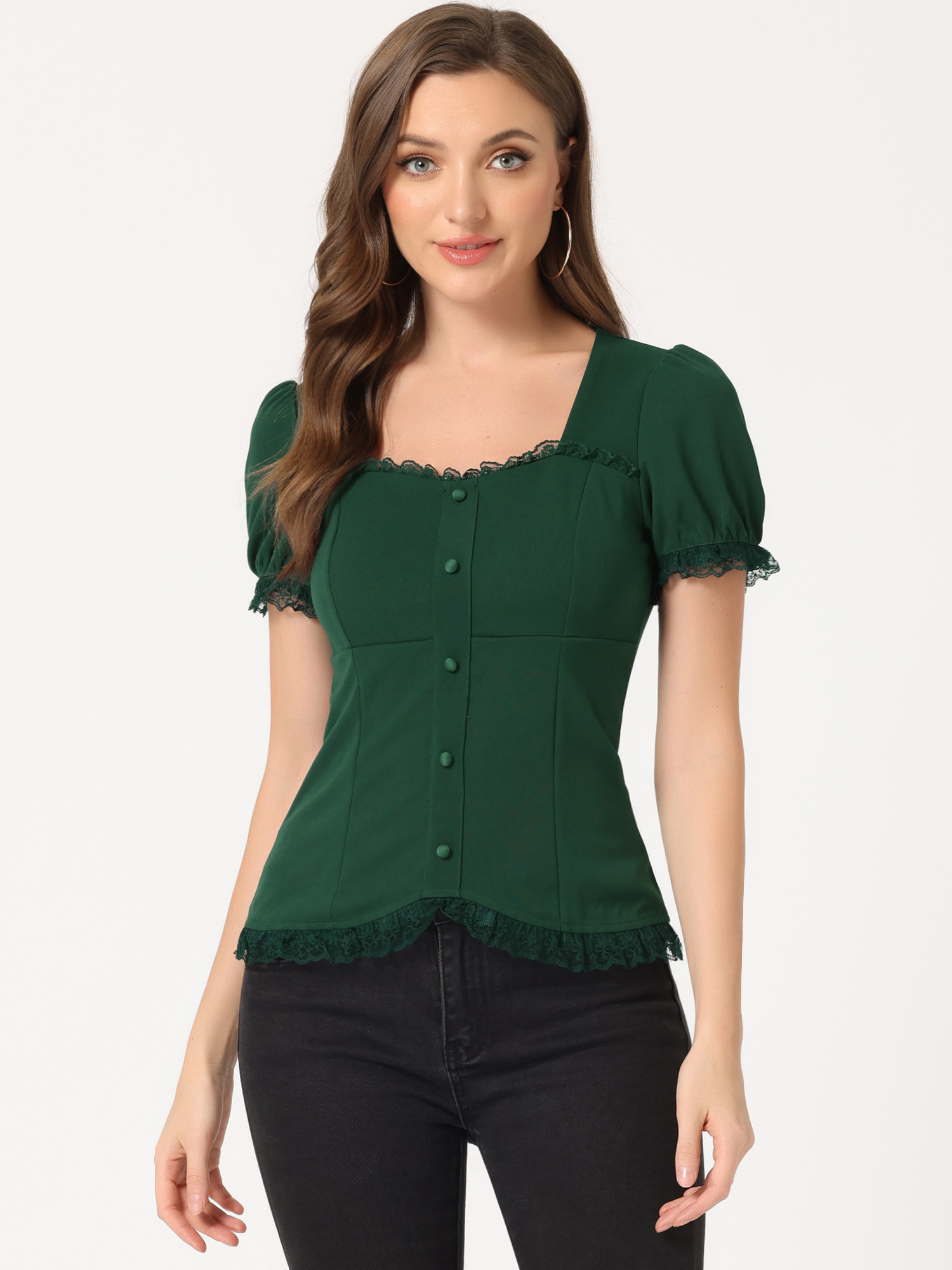 Sweetheart Neck Puff Short Sleeve Lace Up Gothic Blouse Dark Green/3XL