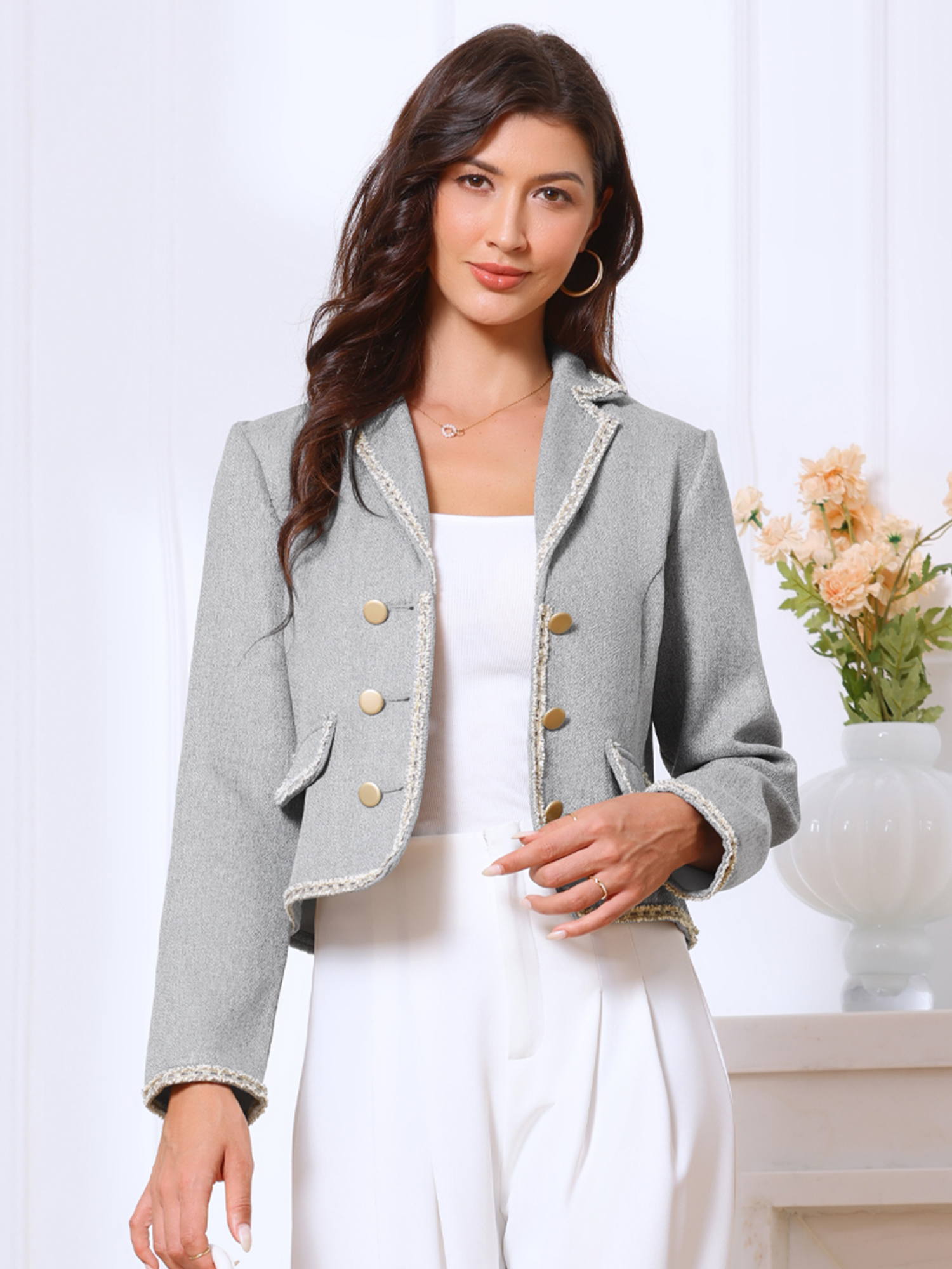 Notched Lapel Long Sleeve Dressy Casual Tweed Jacket Gray/XS